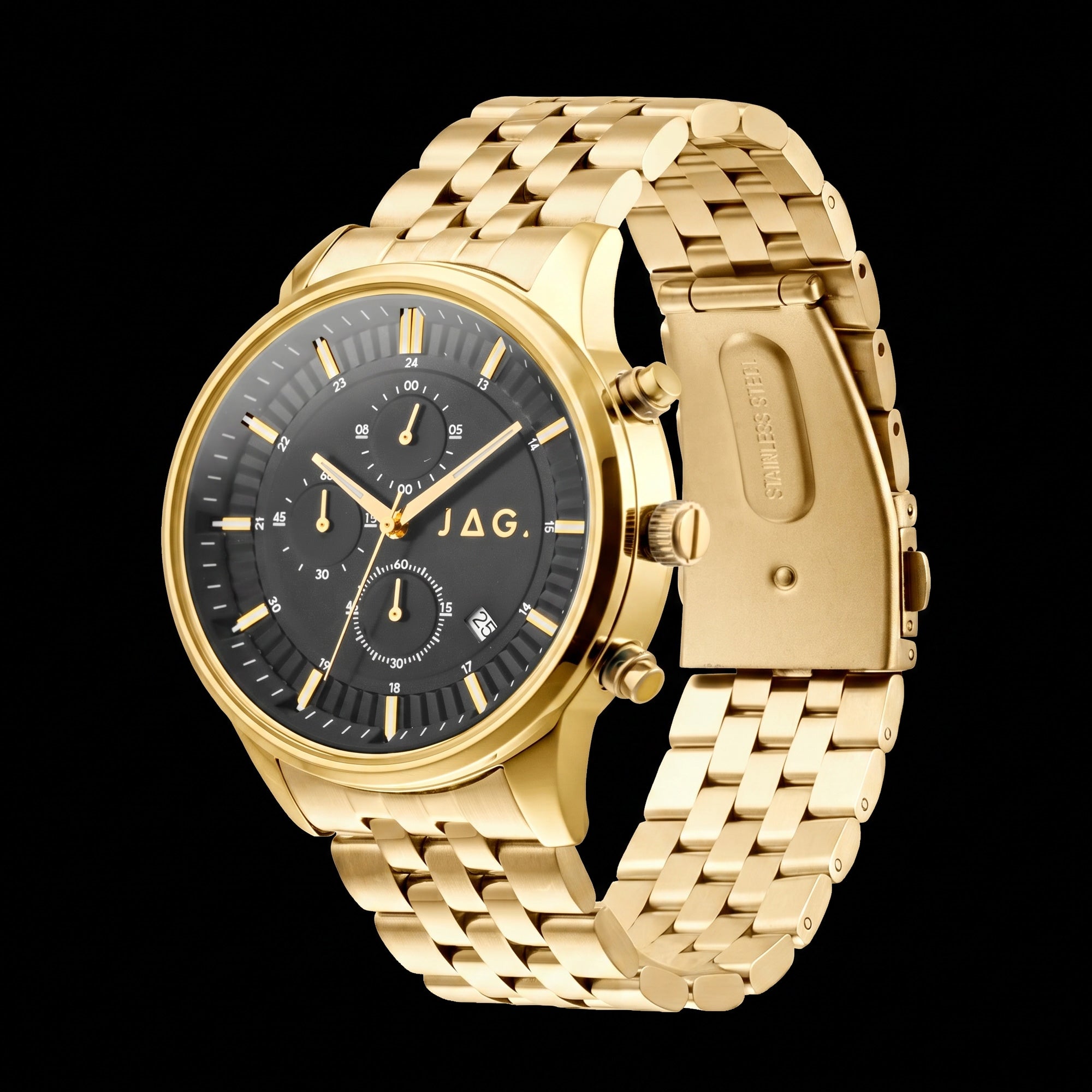 Side tilt view of JAG Albany men's black dial gold watch.