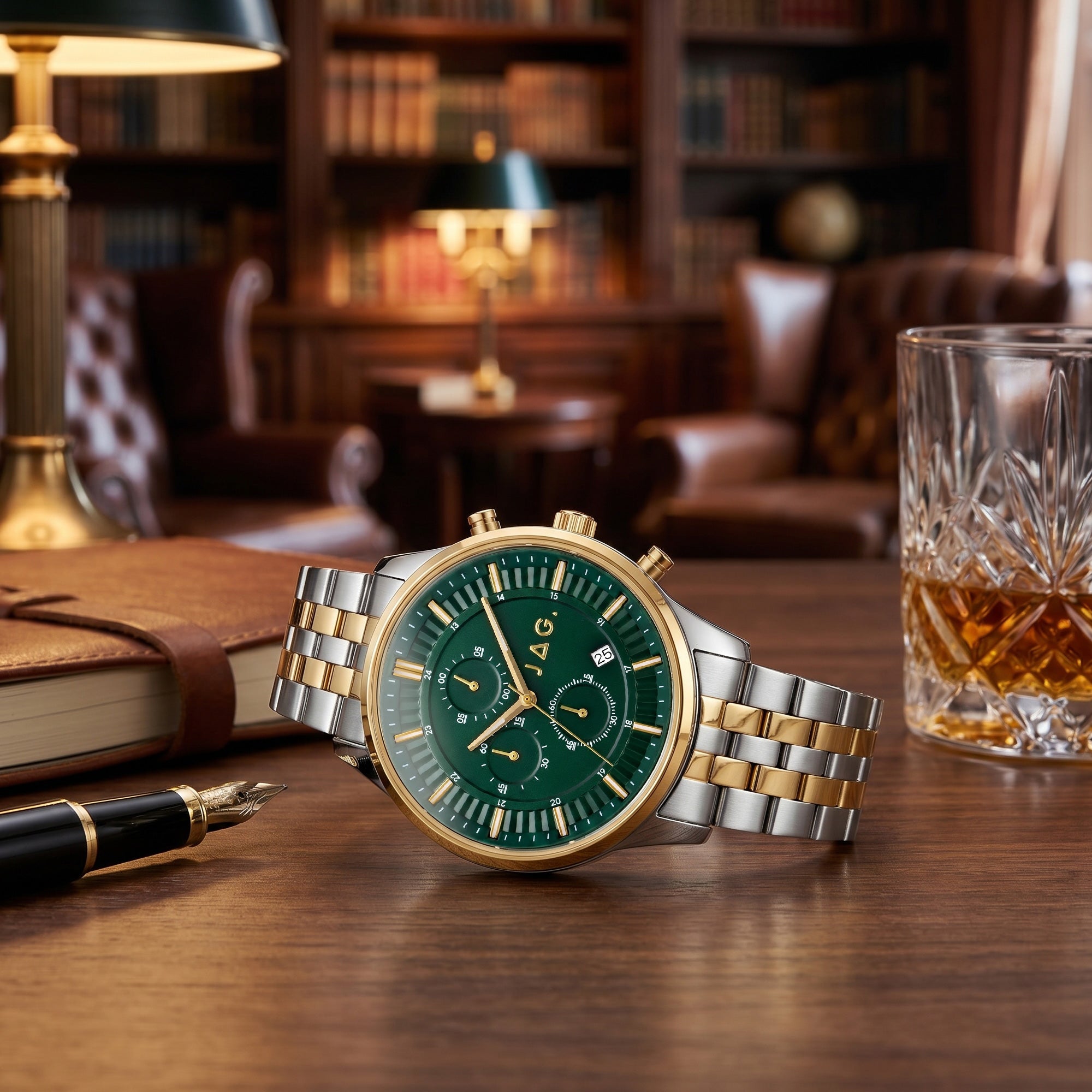 JAG Albany men's green dial two-tone watch on a wooden desk in a man's study.
