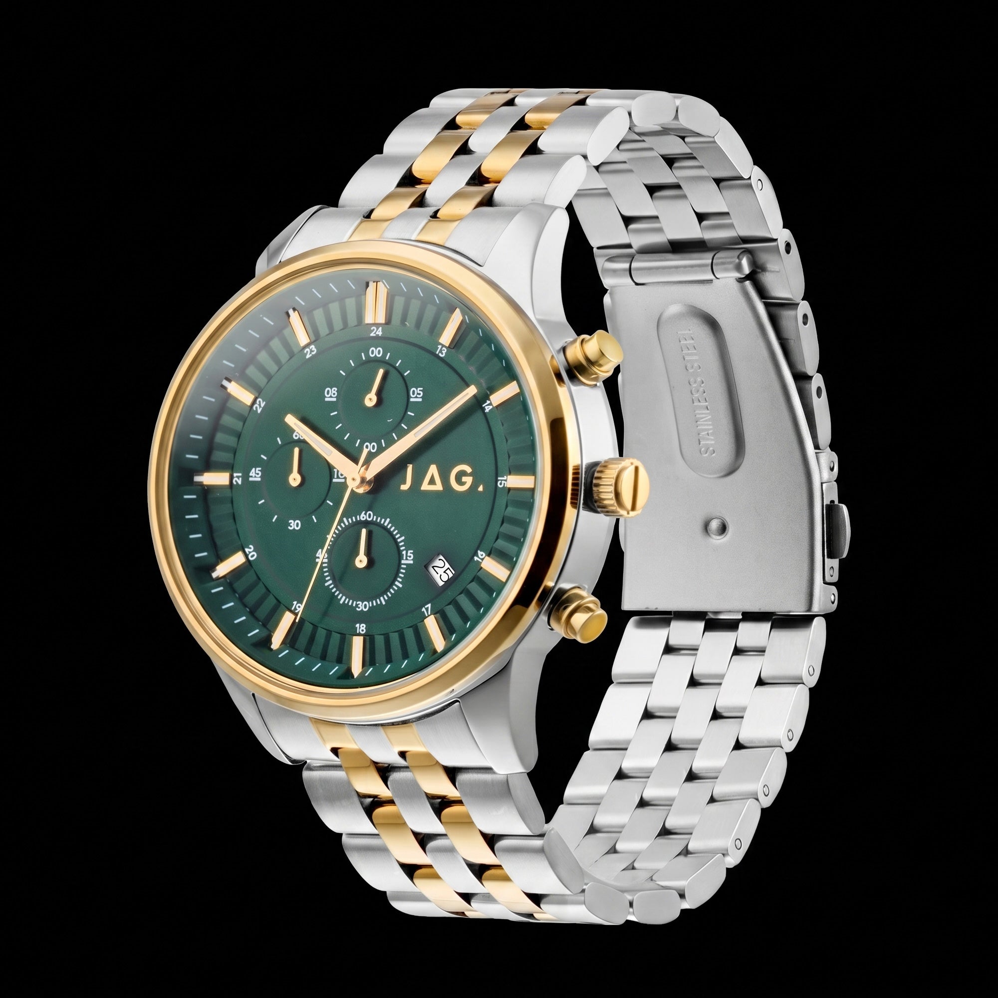 Side tilt view of JAG Albany men's green dial two-tone watch.