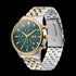Side tilt view of JAG Albany men's green dial two-tone watch.