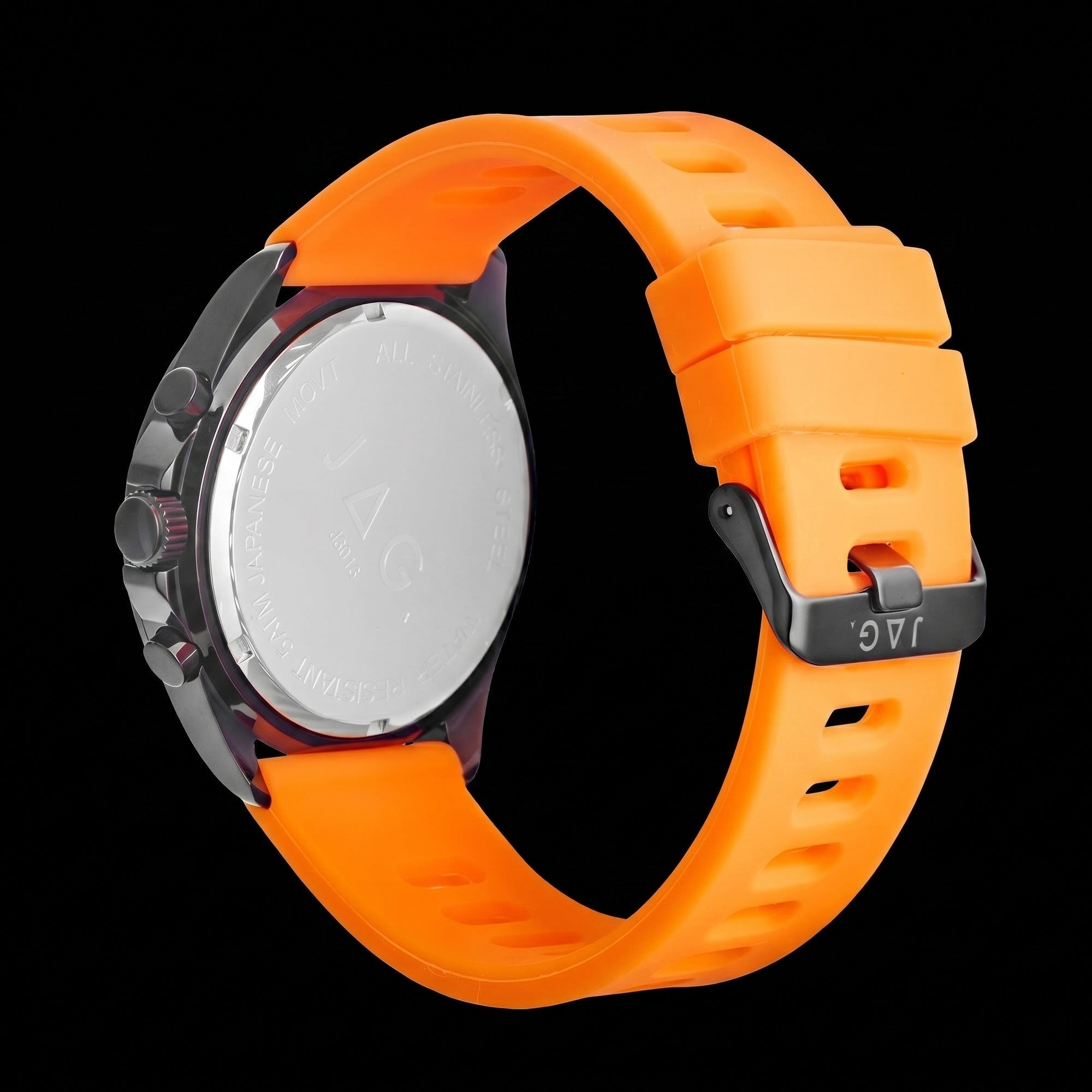 Back view of a JAG Beachport black dial orange sport chronograph men's watch.