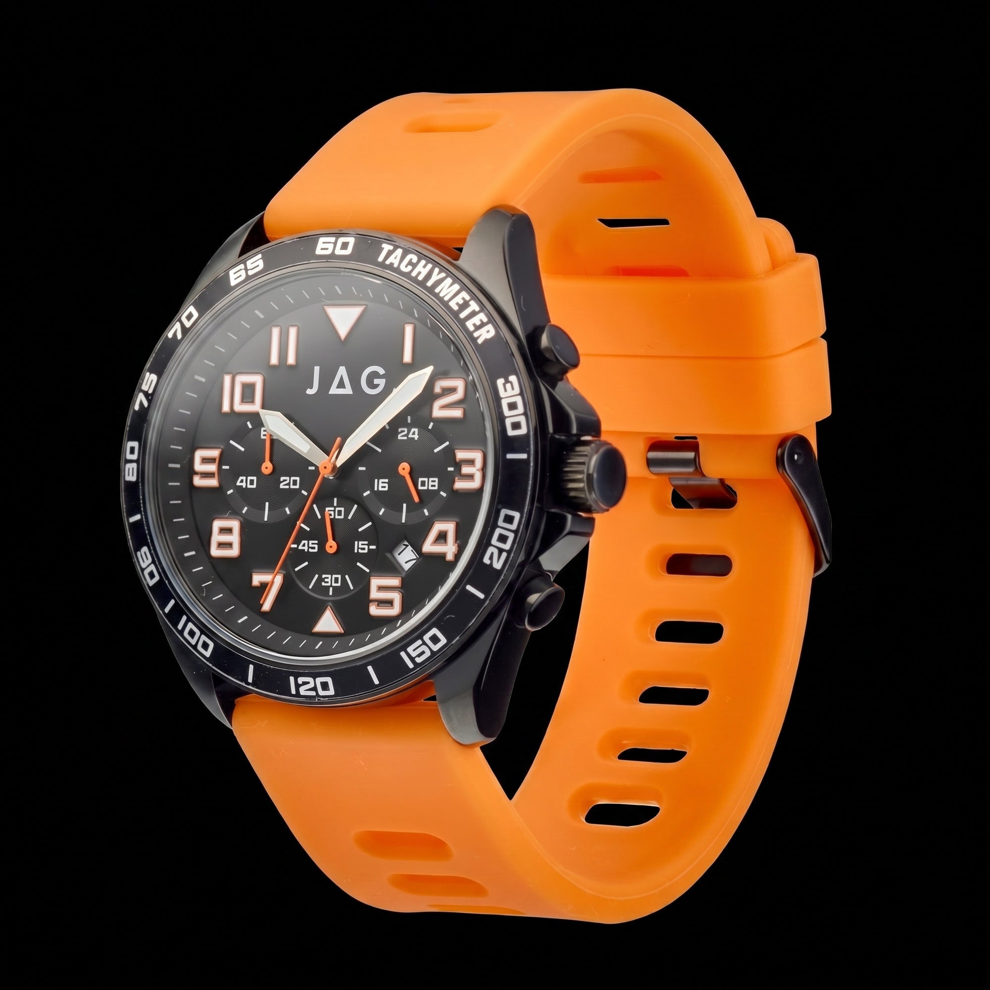 Side tilt view a JAG Beachport black dial orange sport chronograph men's watch.