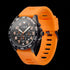 Side tilt view a JAG Beachport black dial orange sport chronograph men's watch.