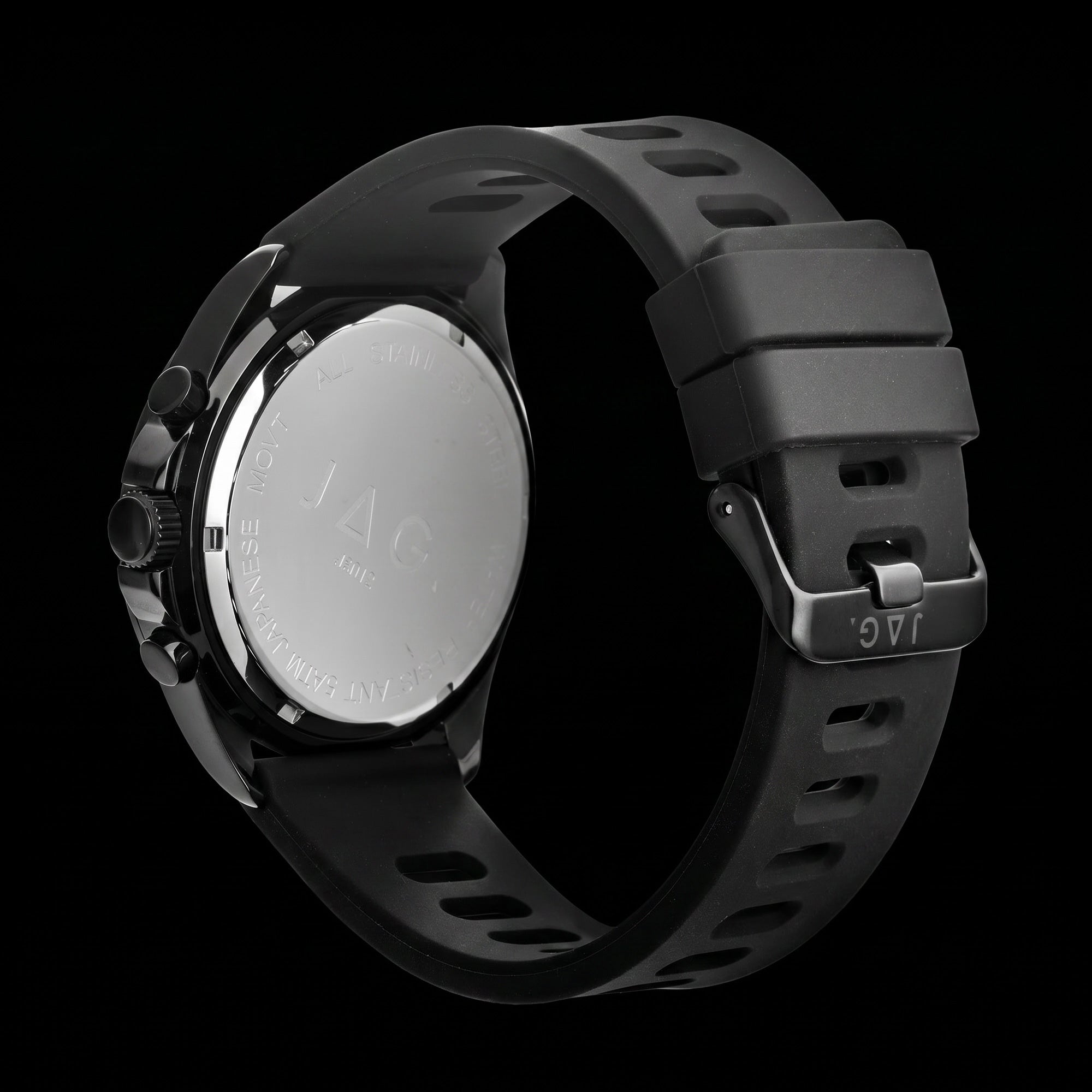 Back view of JAG Beachport black sport chronograph men's watch.