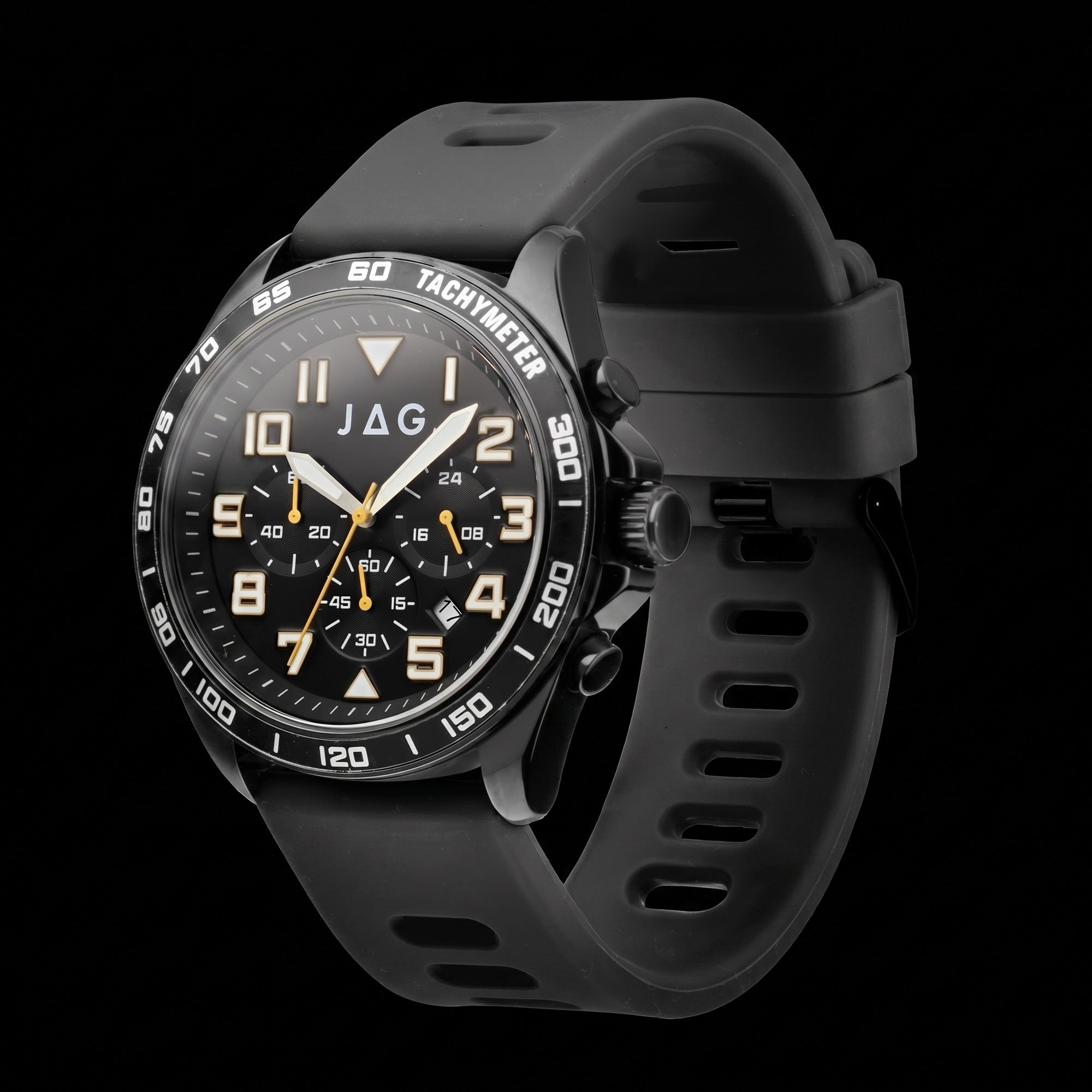 Side tilt view of JAG Beachport black sport chronograph men's watch.