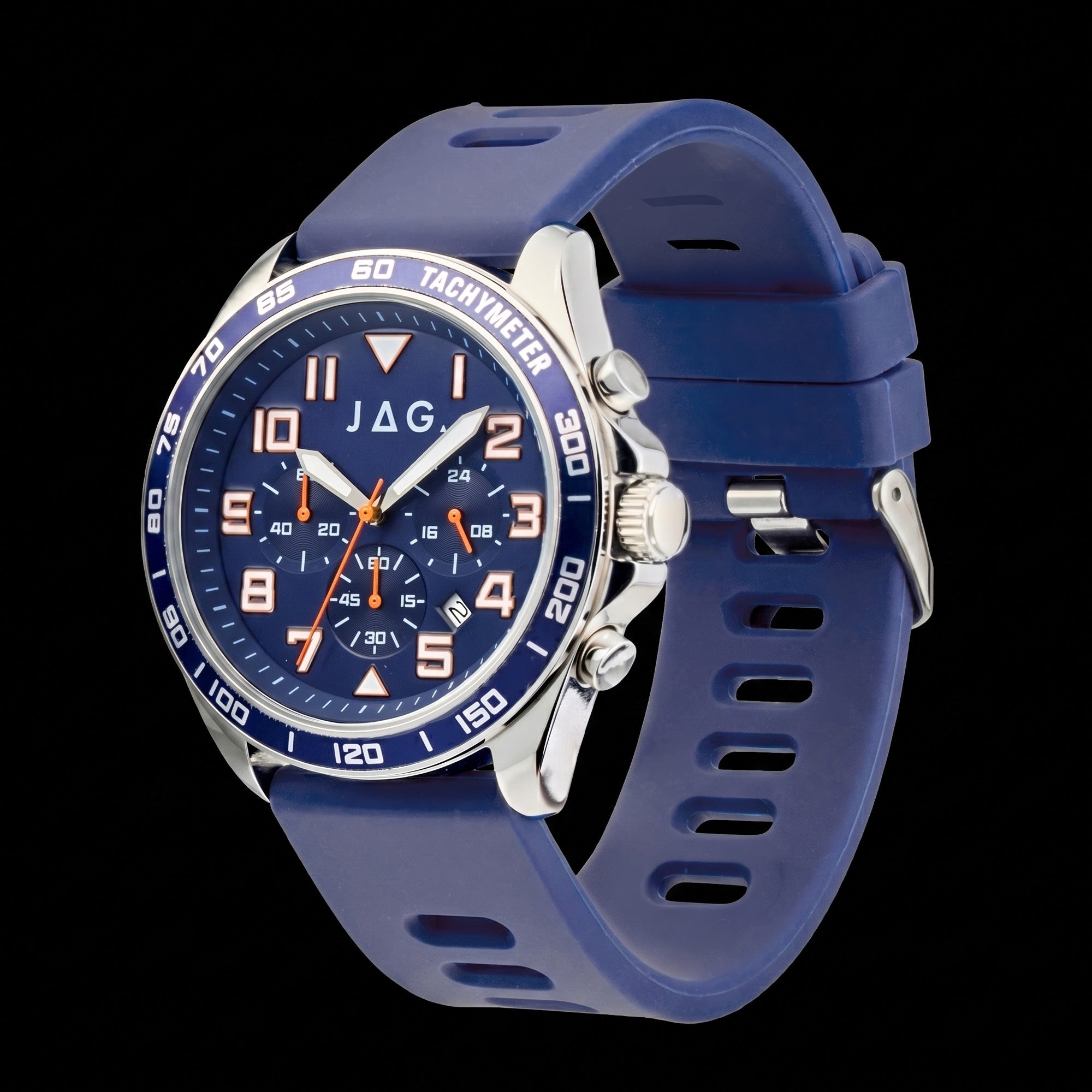 Side tilt view of a JAG Beachport blue men's sport chronograph watch.