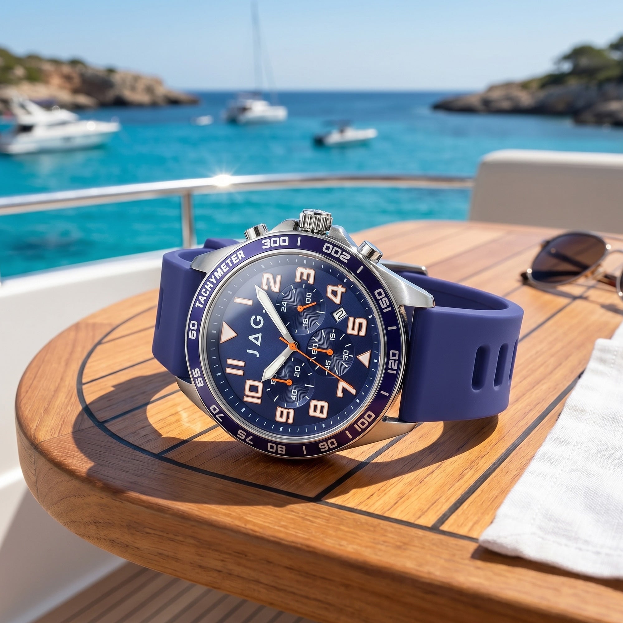 JAG Beachport blue men's sport chronograph watch sitting on a deck table on a yacht.