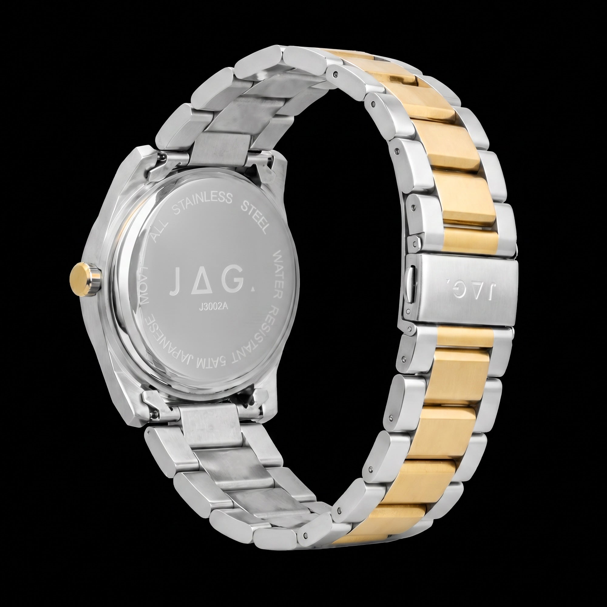Back view of a JAG Beaufort blue dial two-tone men's watch.