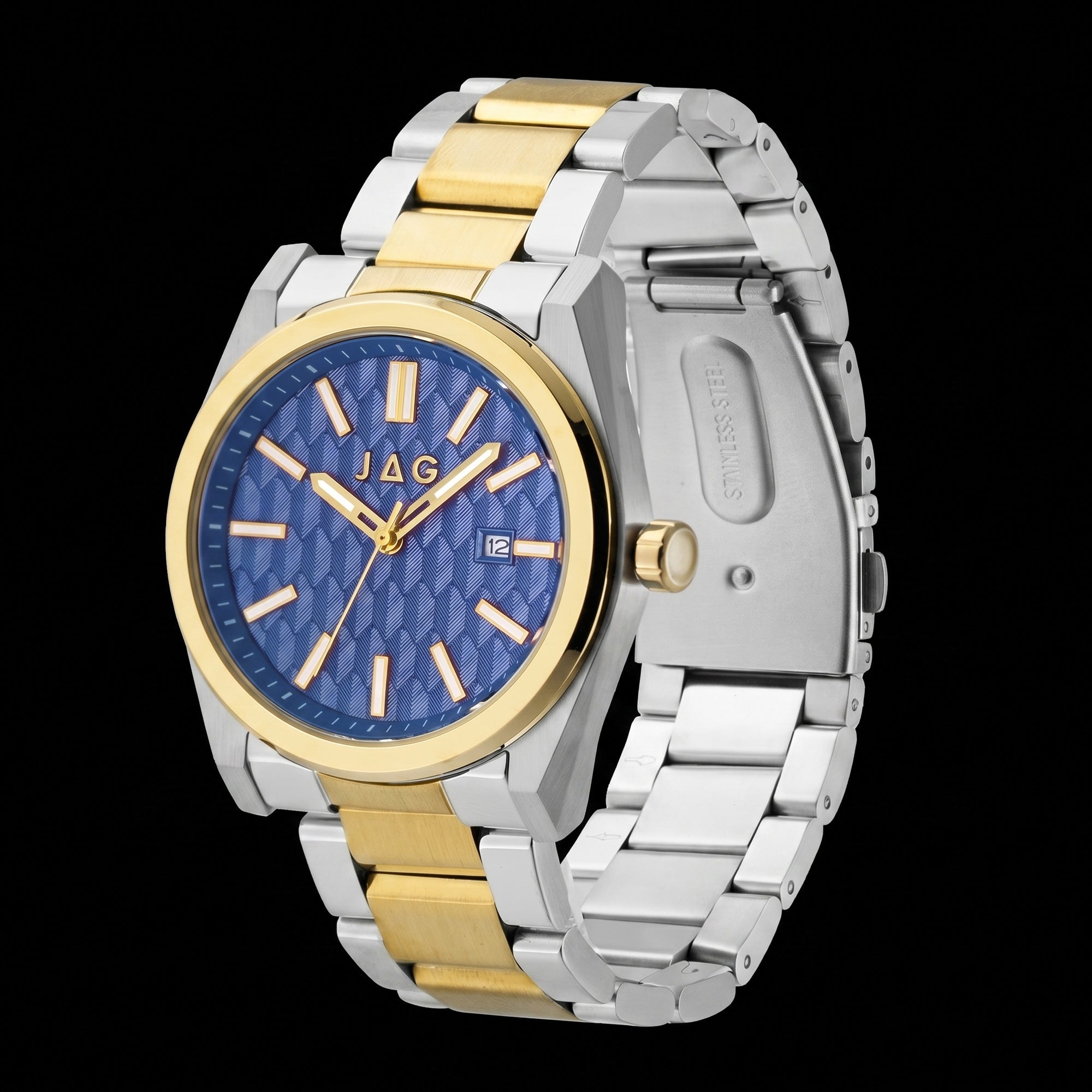 Side tilt view of Close-up of a JAG Beaufort blue dial two-tone men's watch.