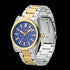 Side tilt view of Close-up of a JAG Beaufort blue dial two-tone men's watch.