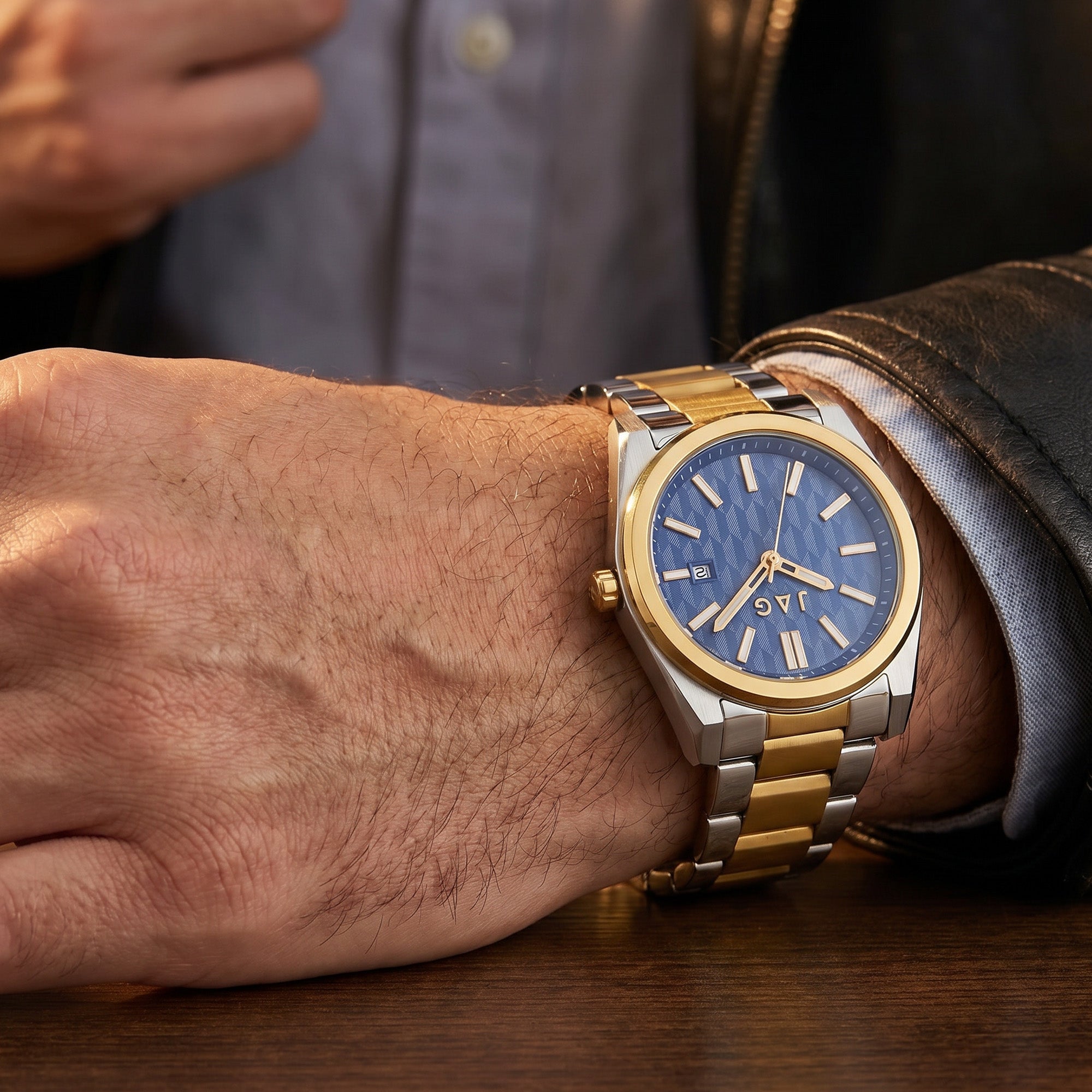 Man wearing a JAG Beaufort blue dial two-tone men's watch on his wrist.