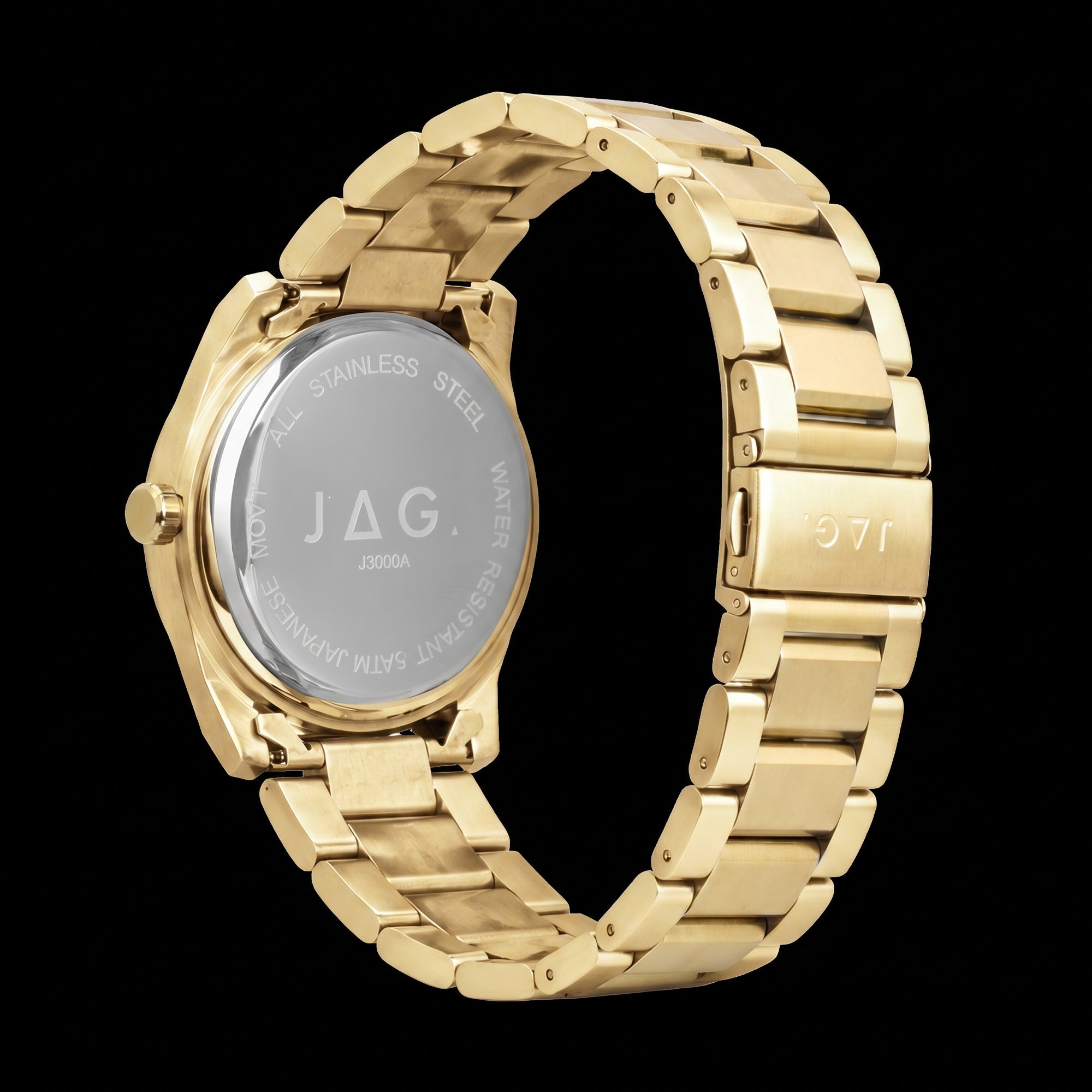 Back view of a JAG Beaufort black dial gold men's watch.