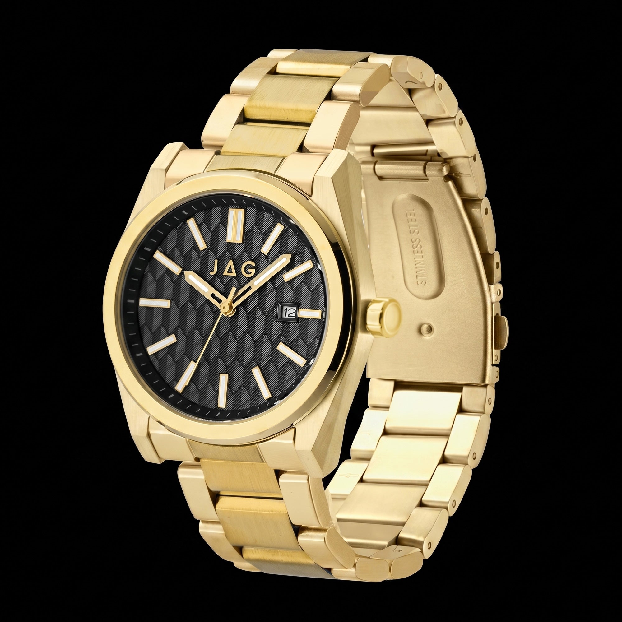 Side tilt view of JAG Beaufort black dial gold men's watch.
