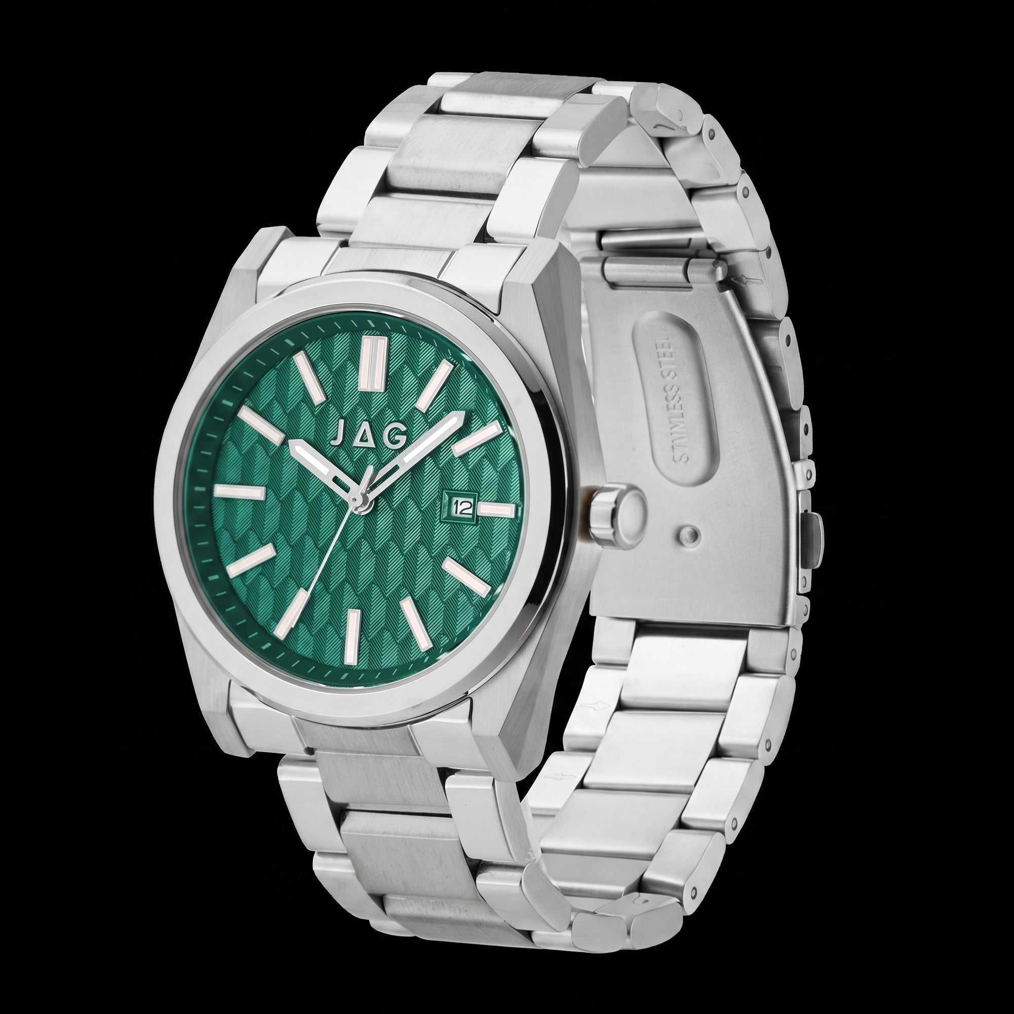Side tilt view of a JAG Beaufort green dial silver men's watch.