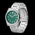 Side tilt view of a JAG Beaufort green dial silver men's watch.