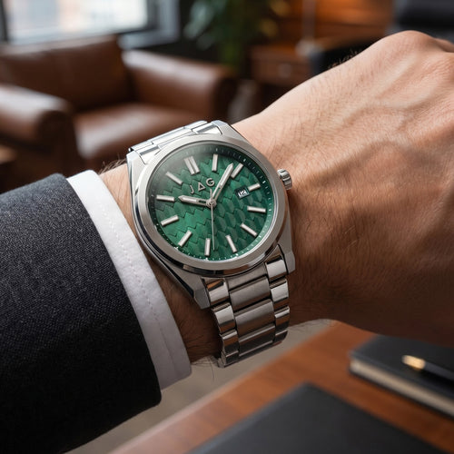 Close-up of a man wearing a JAG Beaufort green dial silver men's watch on his wrist.