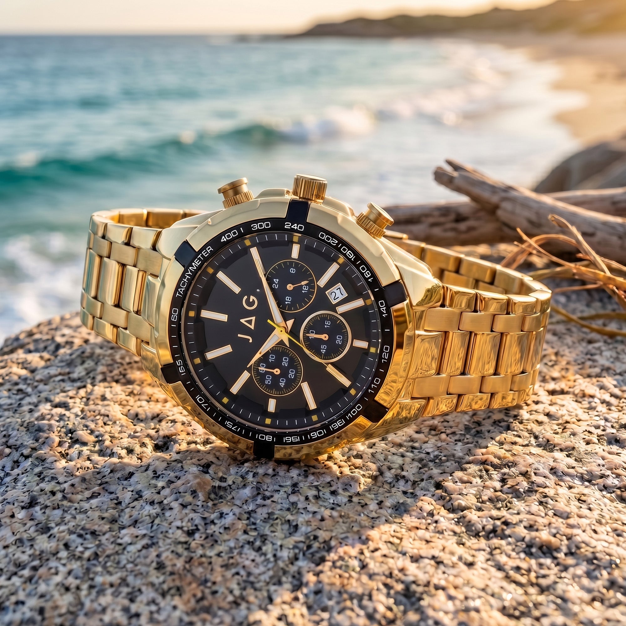 JAG Boss black dial gold men's chronograph watch on a foreshore rock at the beach with the ocean in the background.