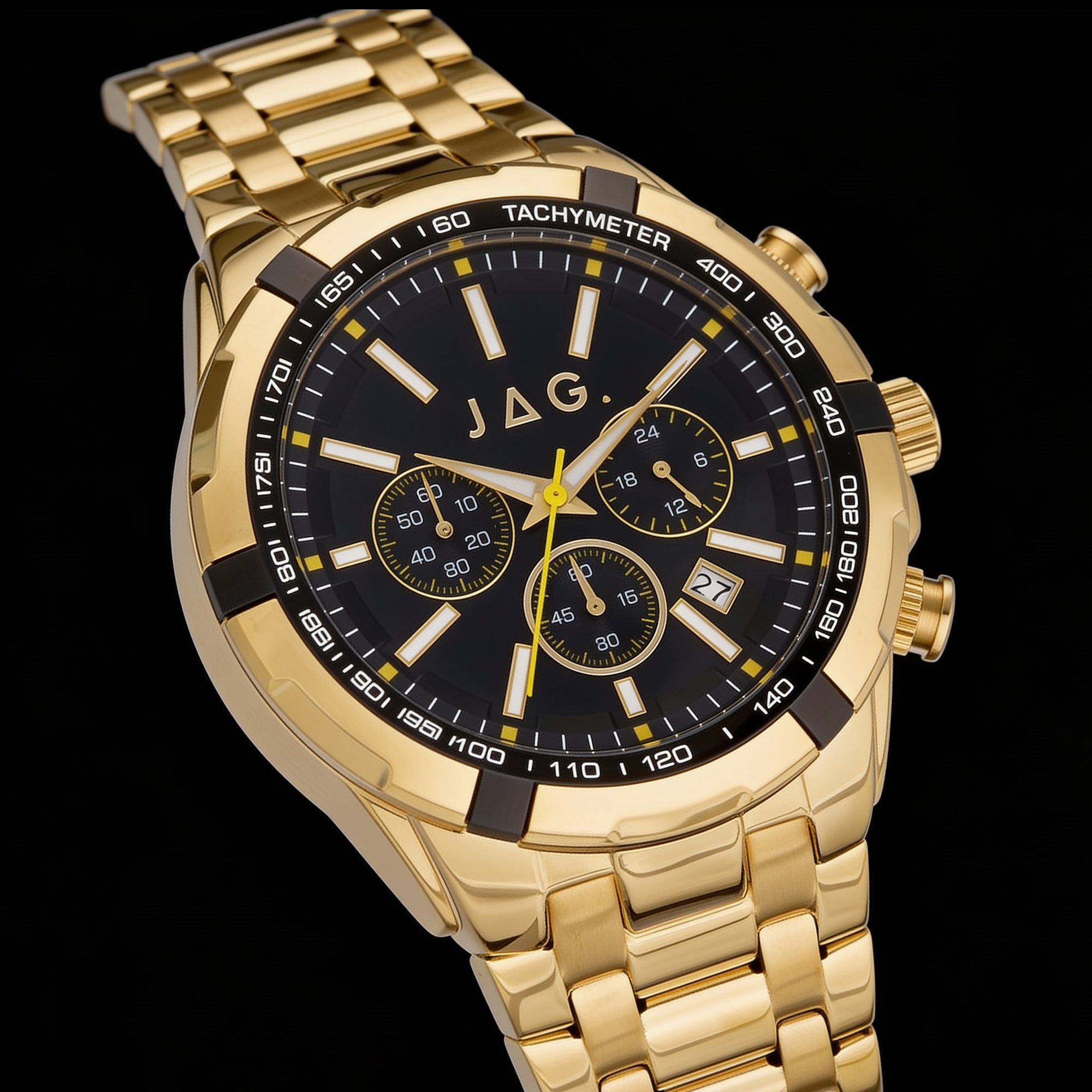 Close-up of JAG Boss Black dial gold men's chronograph watch.