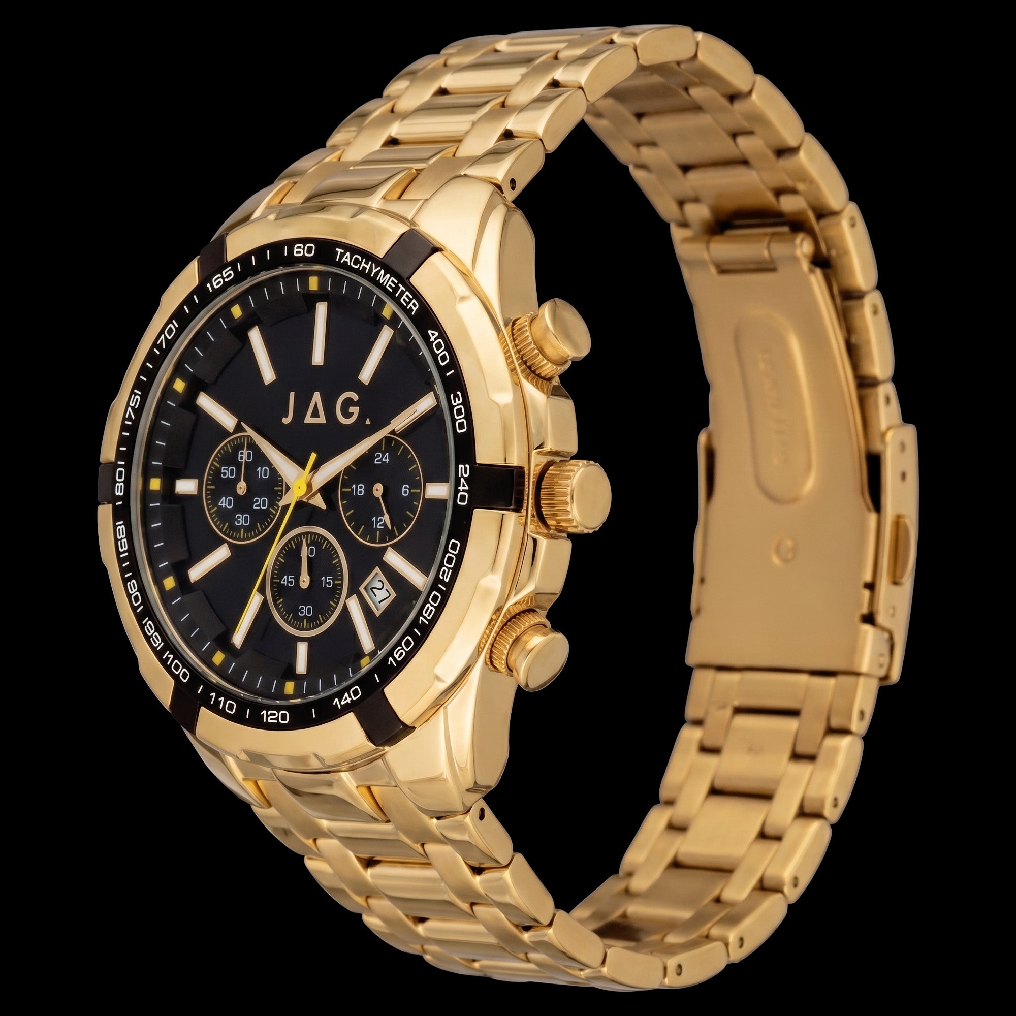 Side tilt angle of JAG Boss black dial gold men's chronograph watch.