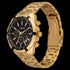 Side tilt angle of JAG Boss black dial gold men's chronograph watch.