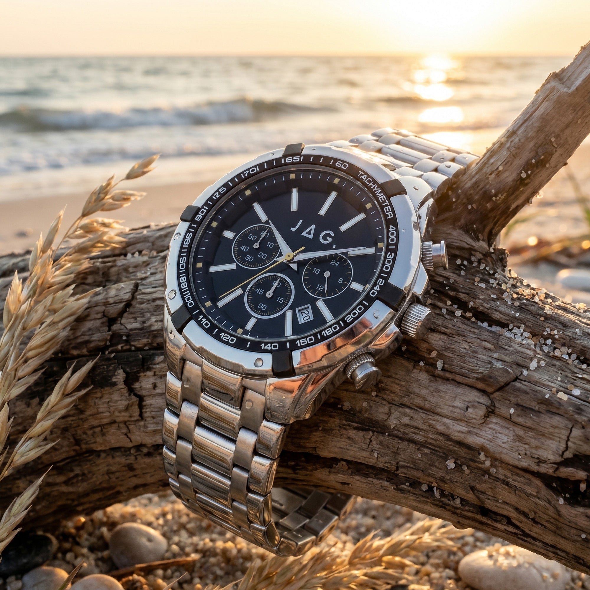 JAG Boss black dial silver men's chronograph watch wrapped around a piece of driftwood on the beach.