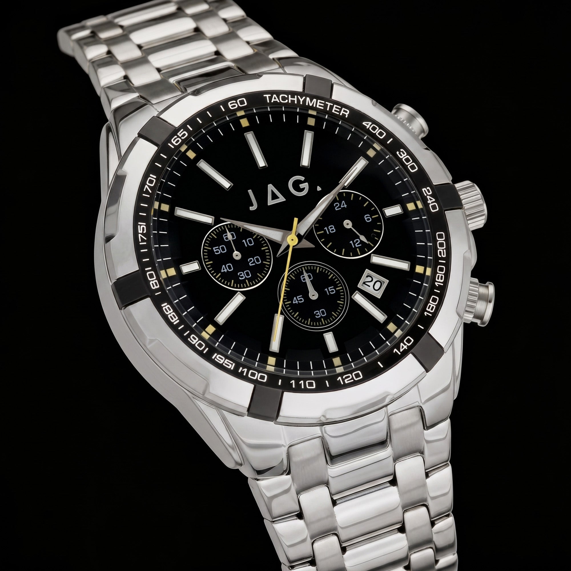 Close-up of JAG Boss Black dial silver men's chronograph watch.