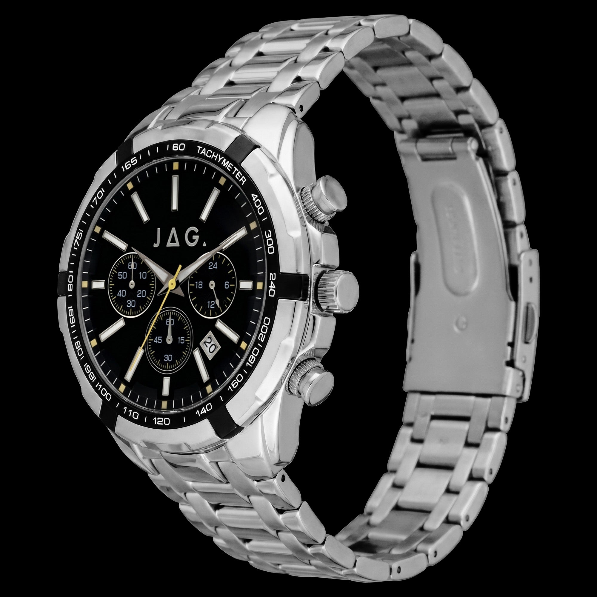 Side tilt angle of JAG Boss black dial silver men's chronograph watch.