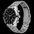 Side tilt angle of JAG Boss black dial silver men's chronograph watch.