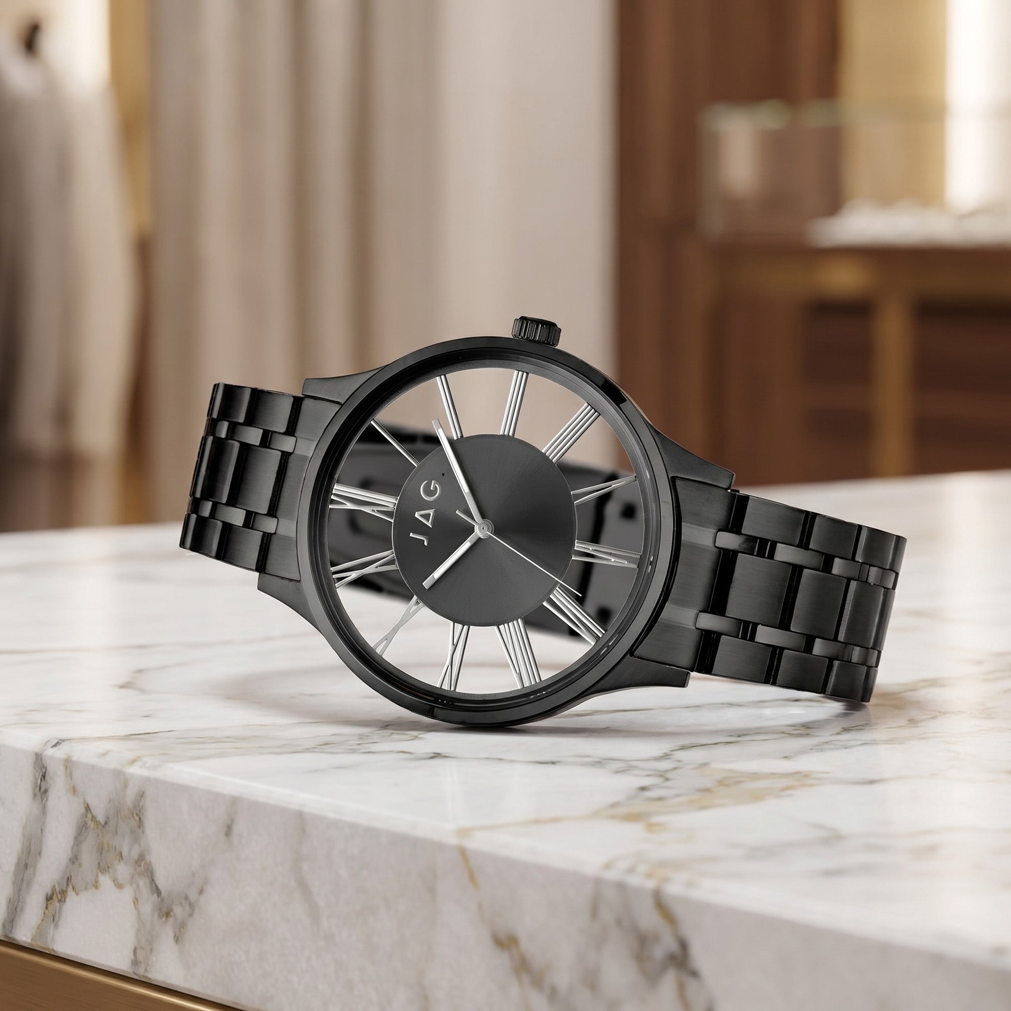 JAG Gerroa black transparent men's watch laying on a white marble table.