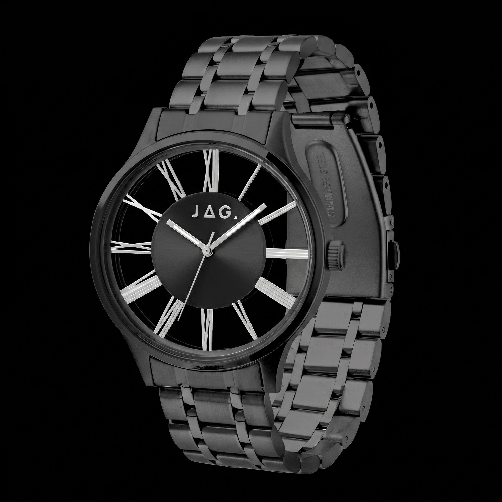 Side tilt view of a JAG Gerroa black transparent men's watch.