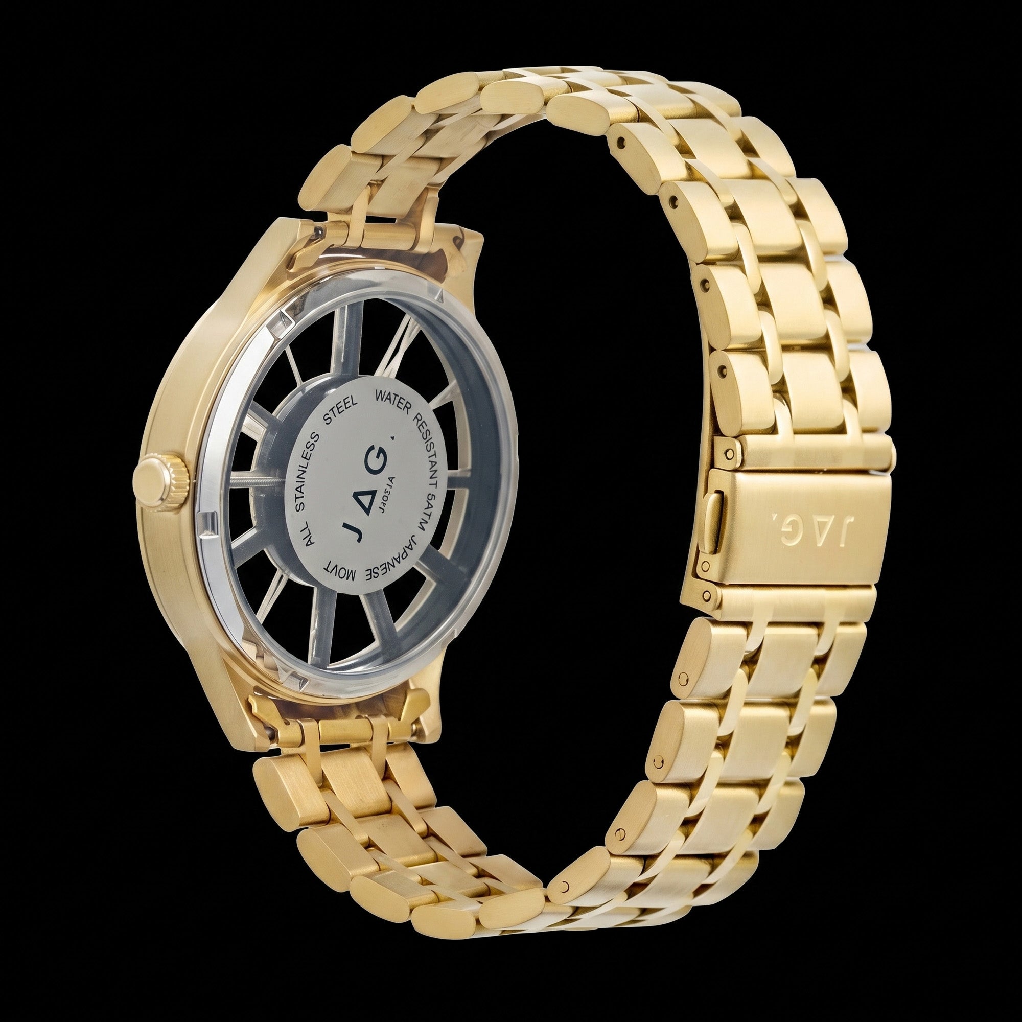Back view of a JAG Gerroa gold transparent men's watch.