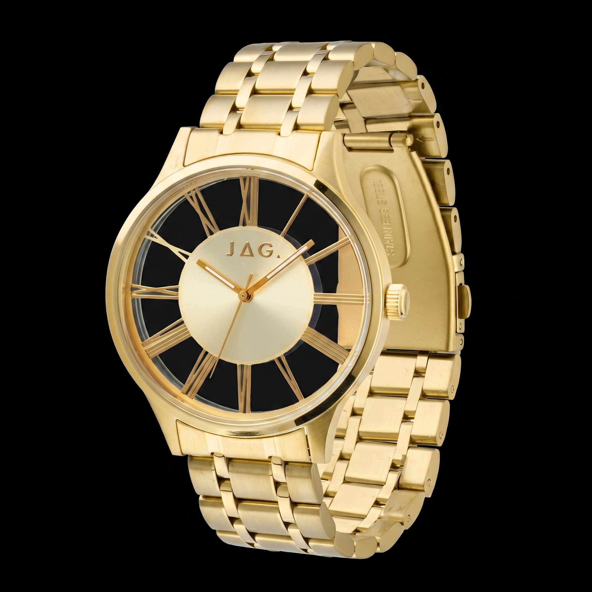 Side tilt view of a JAG Gerroa gold transparent men's watch.