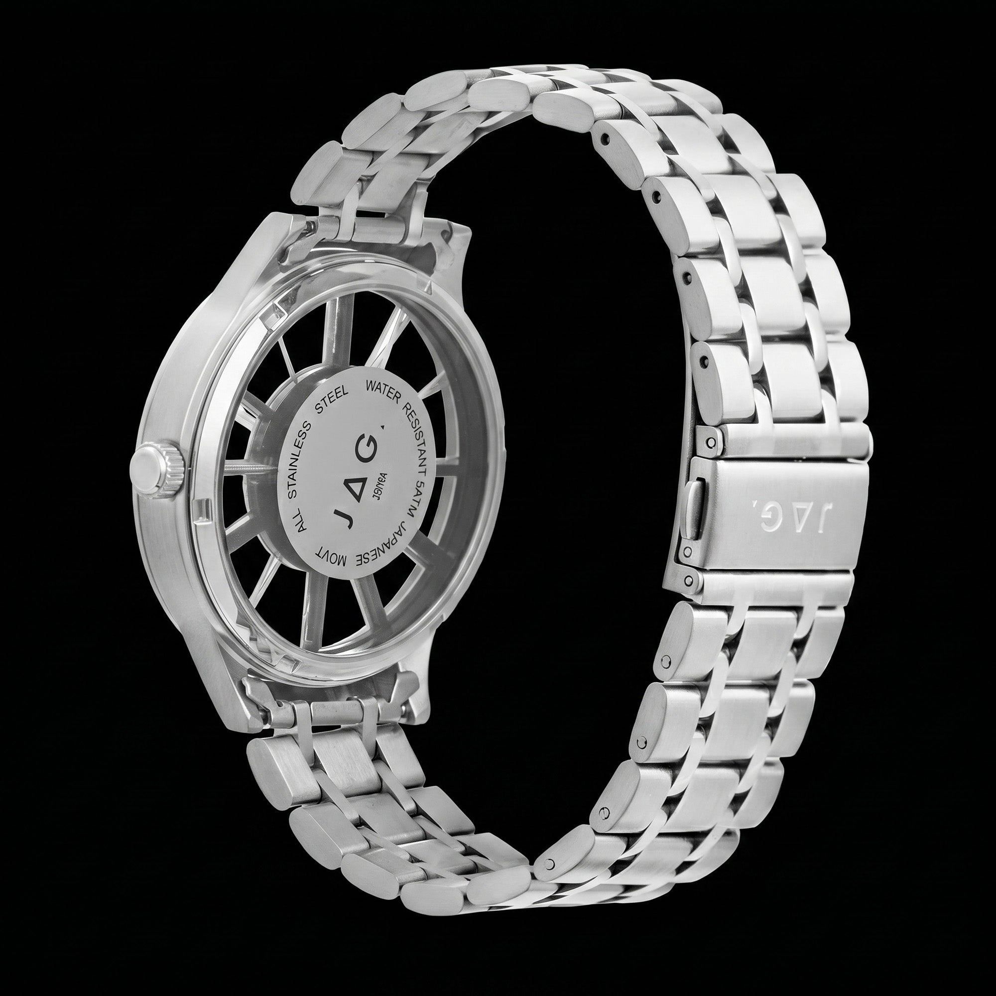 Back view of a JAG Gerroa silver blue dial transparent watch.