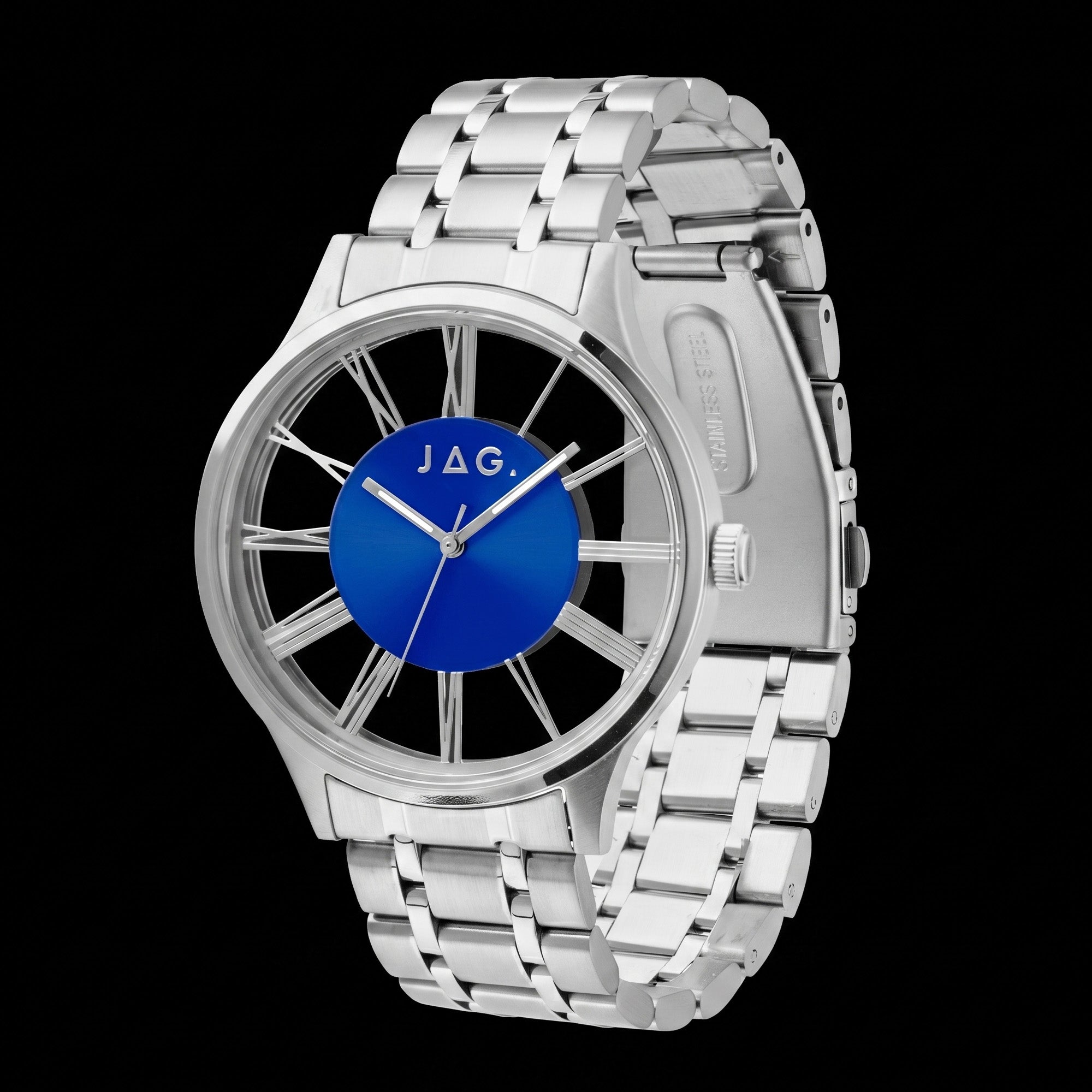 Side tilt view of JAG Gerroa silver blue dial transparent watch.