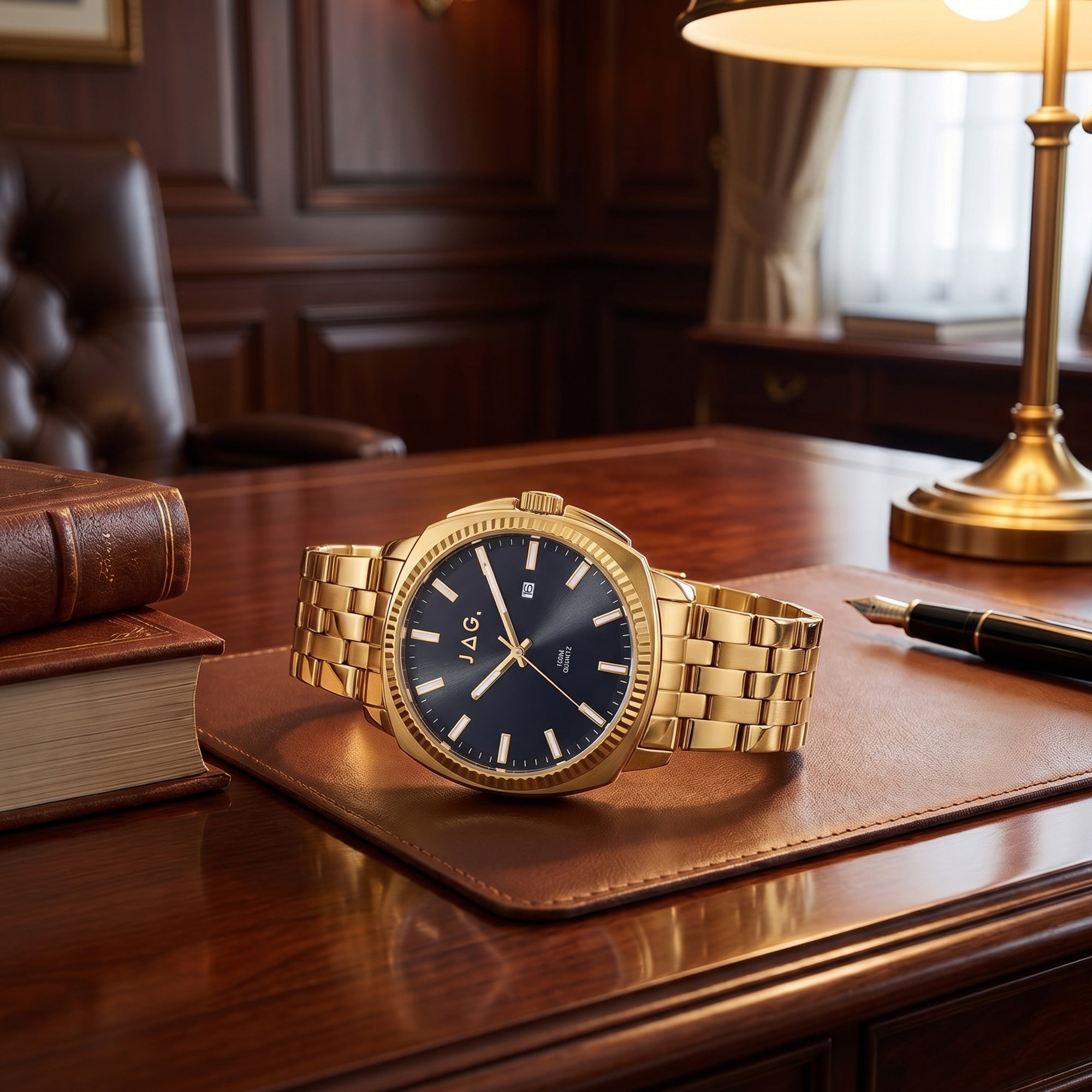 Jag Logan gold black dial men's watch on a wooden desk in a man's study.
