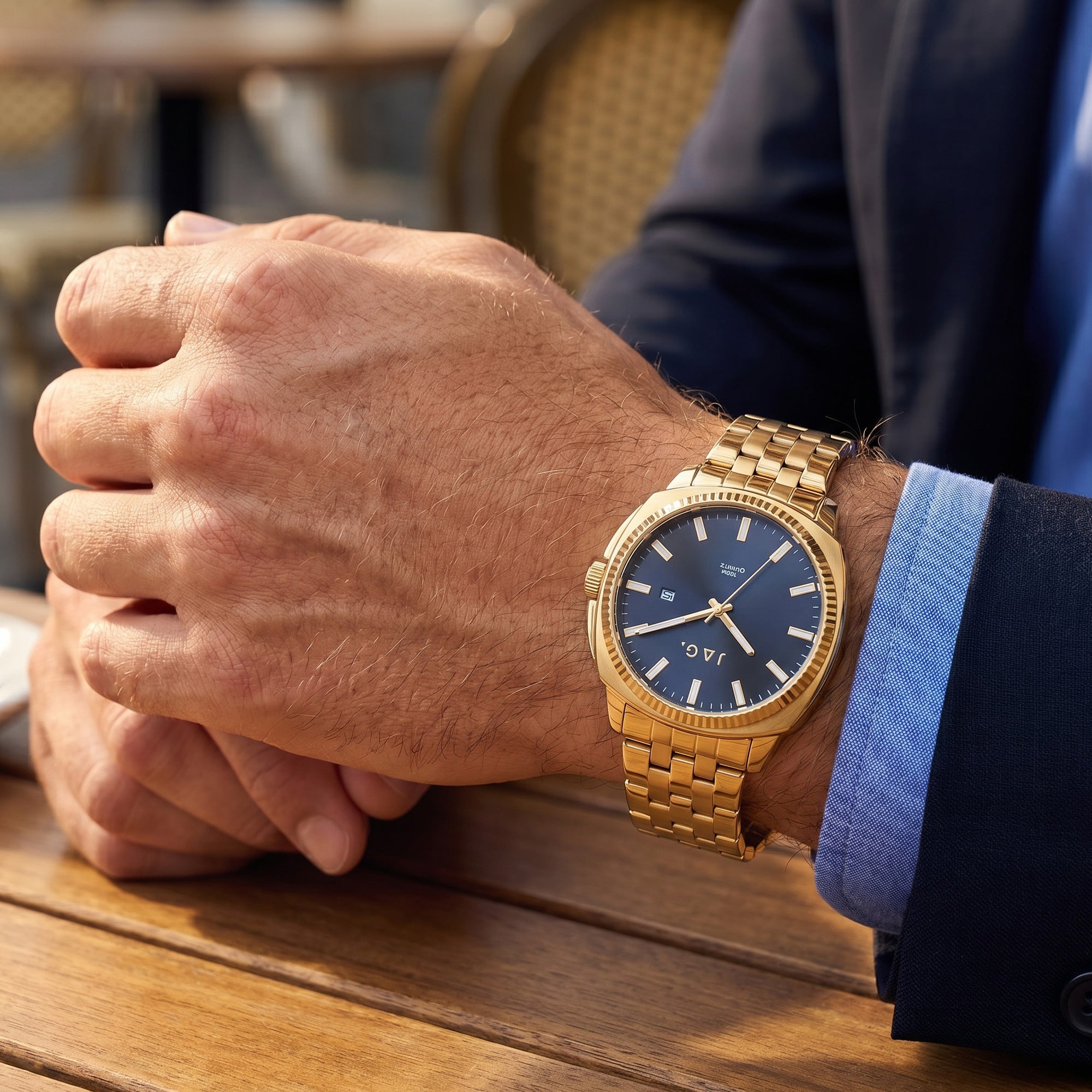 Man wearing Jag Logan gold black dial men's watch.