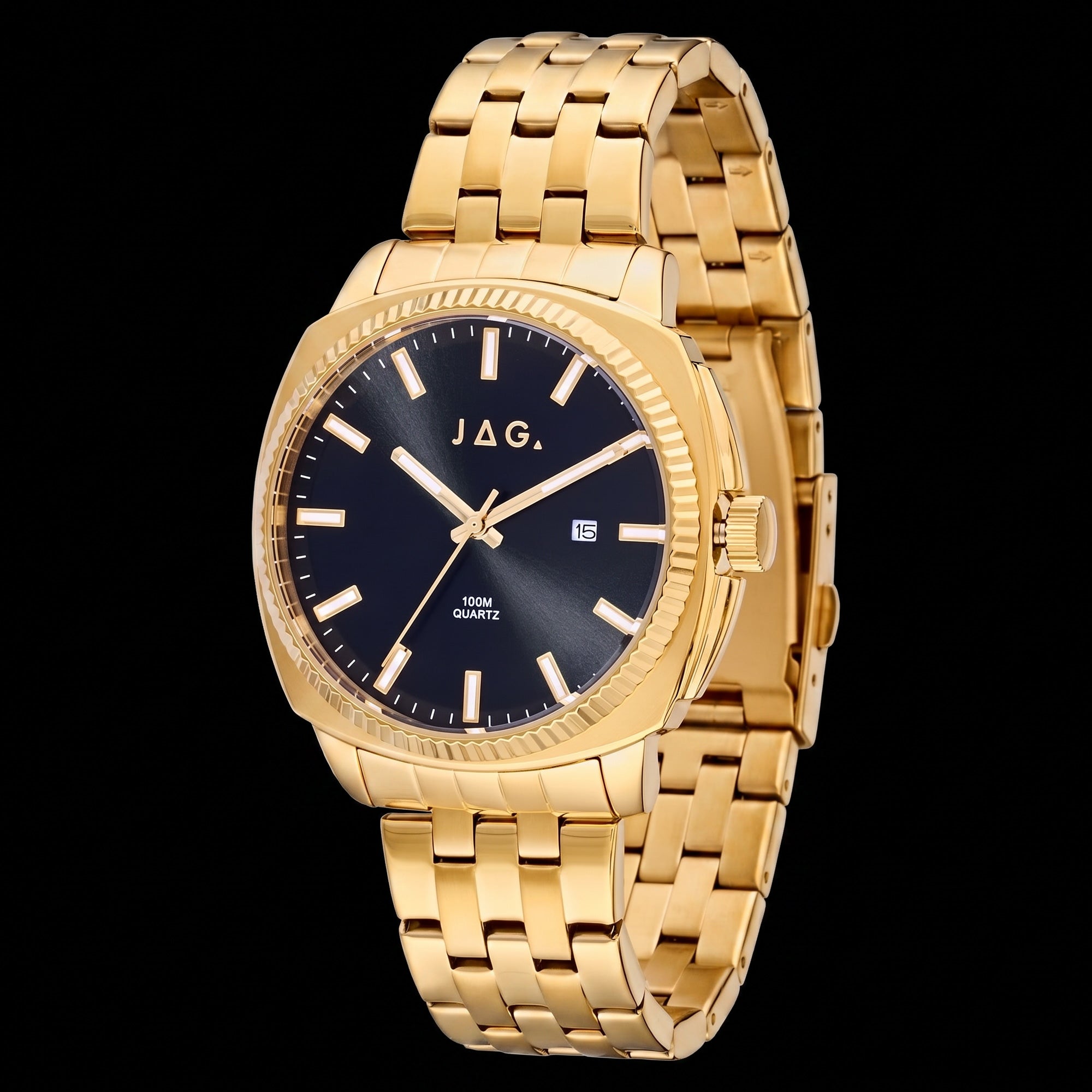 Side view of Jag Logan gold black dial men's watch.