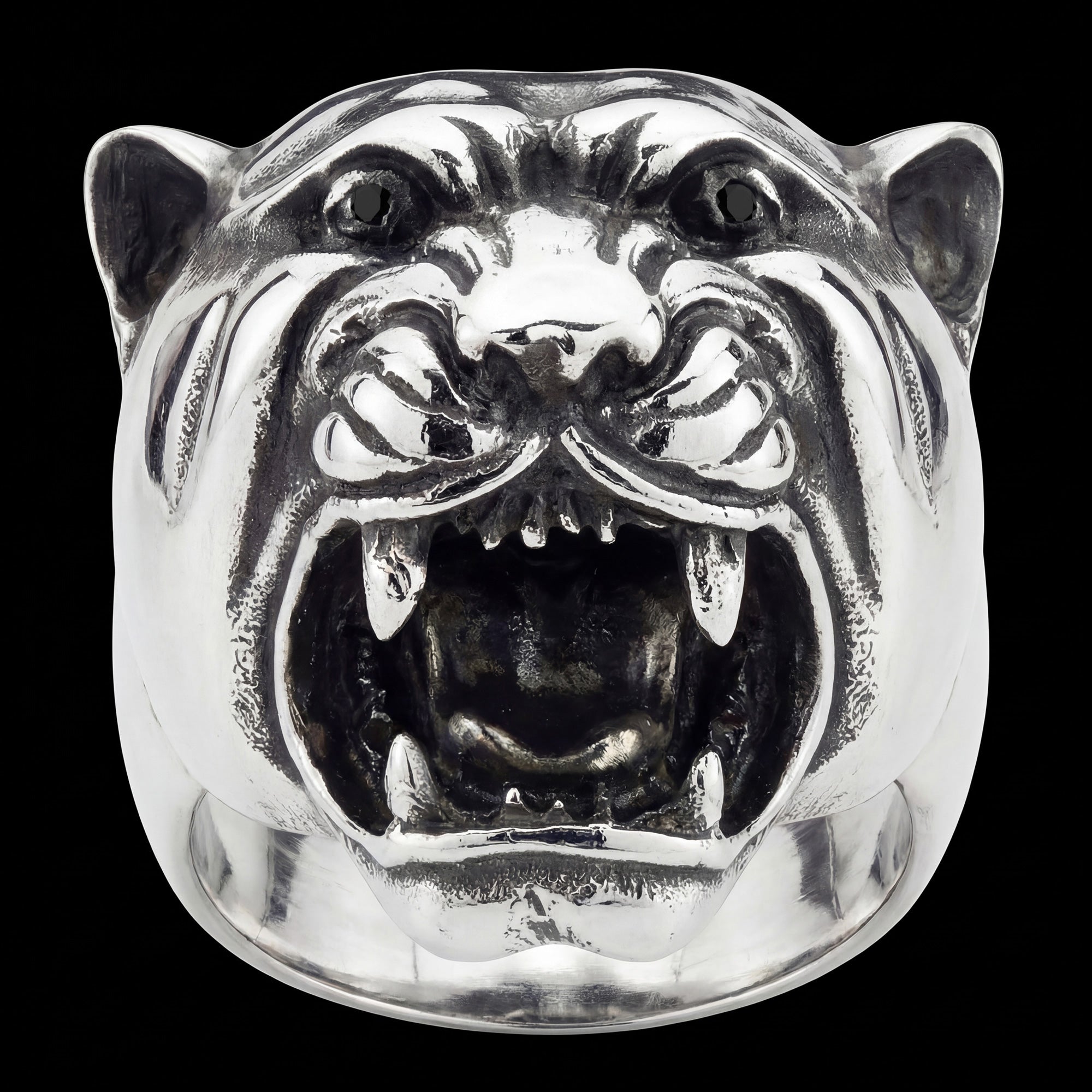 Close-up of snarling jaguar head stainless steel men's ring.