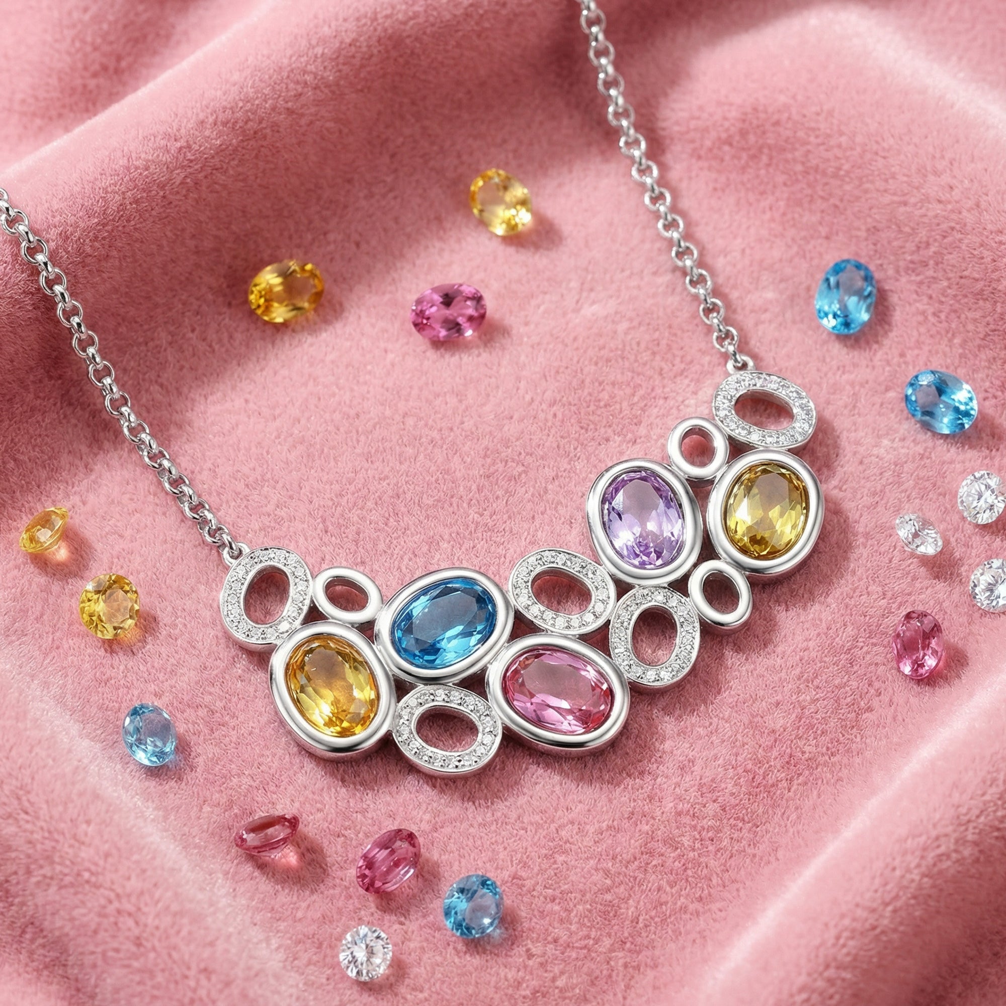 Kagi prismatic gemstone reversible statement necklace on pink velvet surrounding by coloured gemstones.