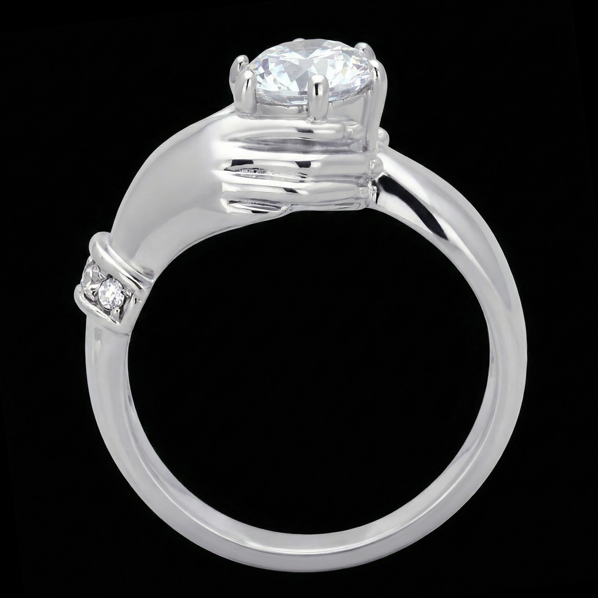 Side profile view of Irish Claddagh solitaire stainless steel ladies ring.