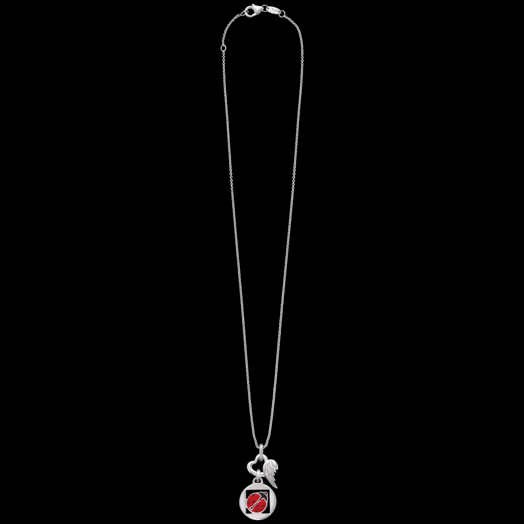Full view of Herzengel lucky ladybug heart wing silver children's necklace.