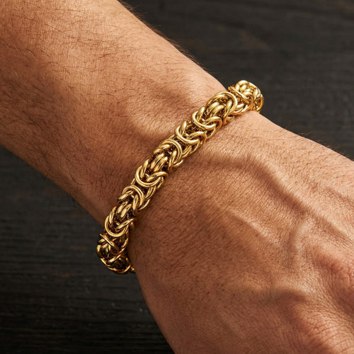 Man Wearing Save Brave Byzantine Chain Men's Gold Steel Bracelet
