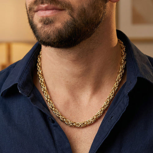 Man Wearing Save Brave Byzantine Chain Gold Steel Necklace