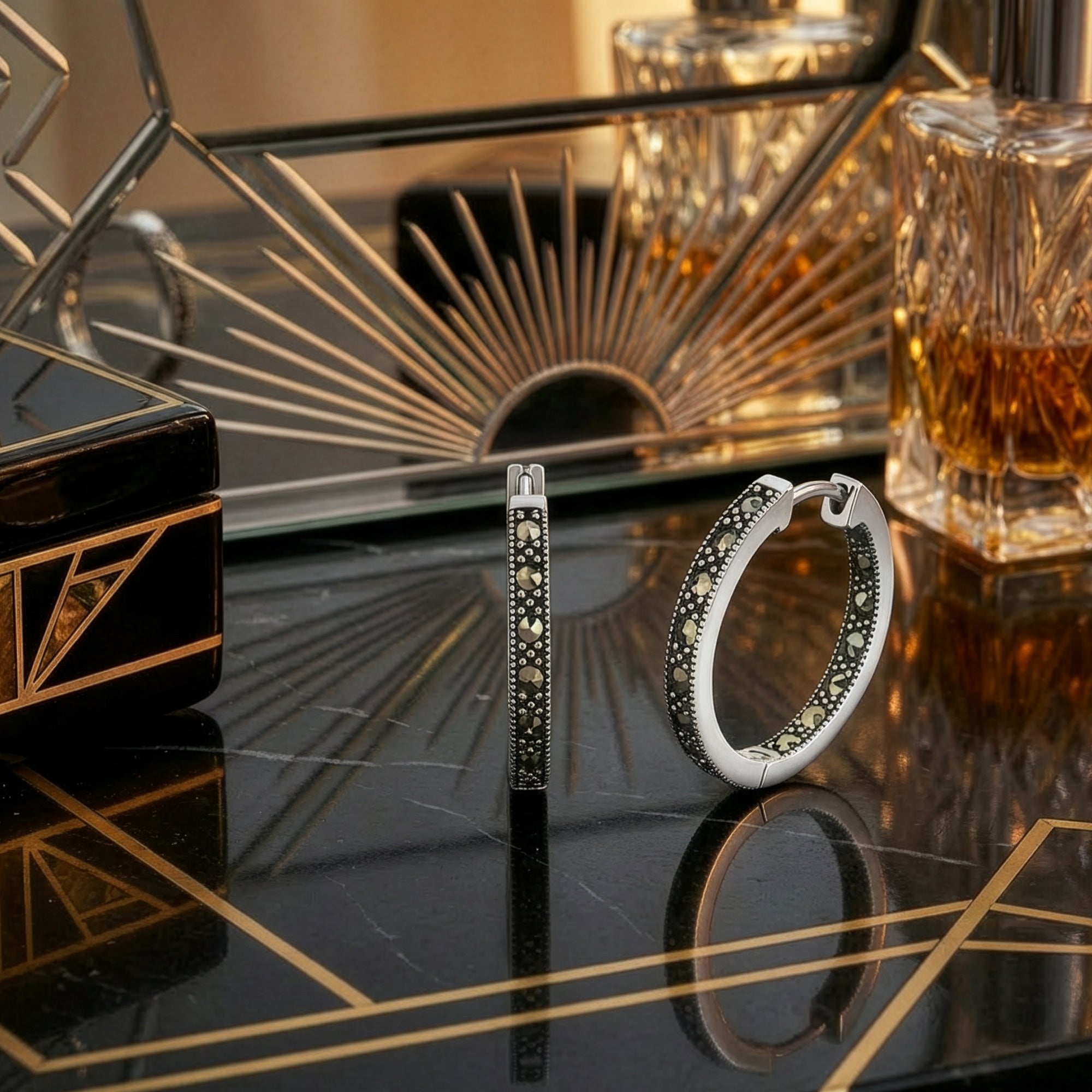 Sterling silver marcasite creole 21.5mm hoop earrings in an Art Deco setting.