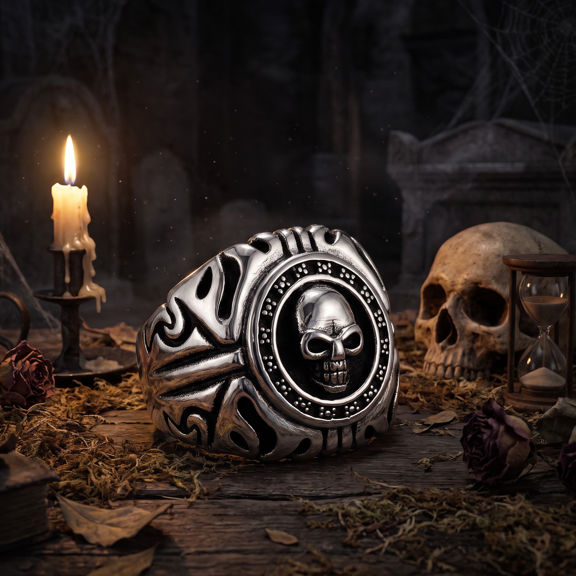 A memento mori skull stainless steel signet ring sitting on a decrepit wooden table next to a skull and burning candle in a crypt.