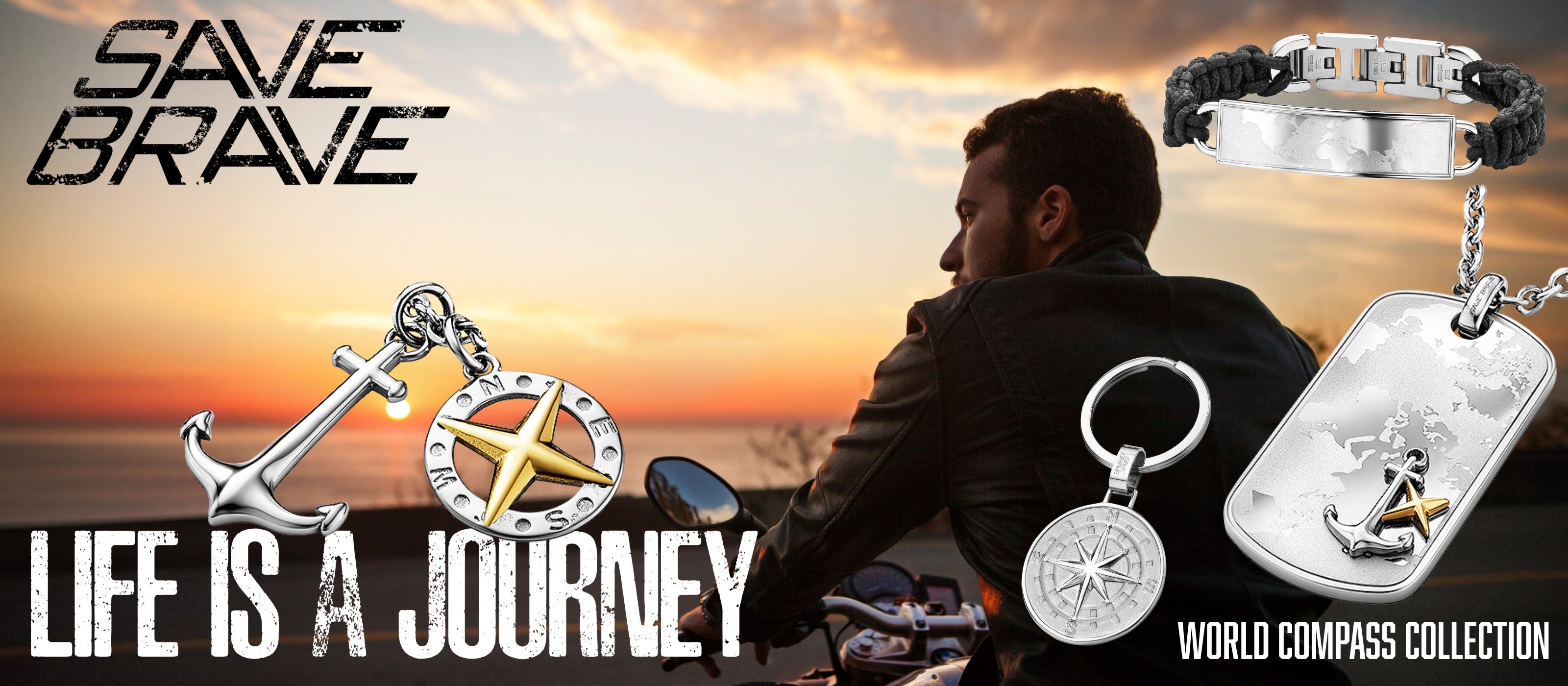 Shop Men's Save Brave Compass Jewellery Collection | Talisman Necklaces, Bracelets, Keyrings