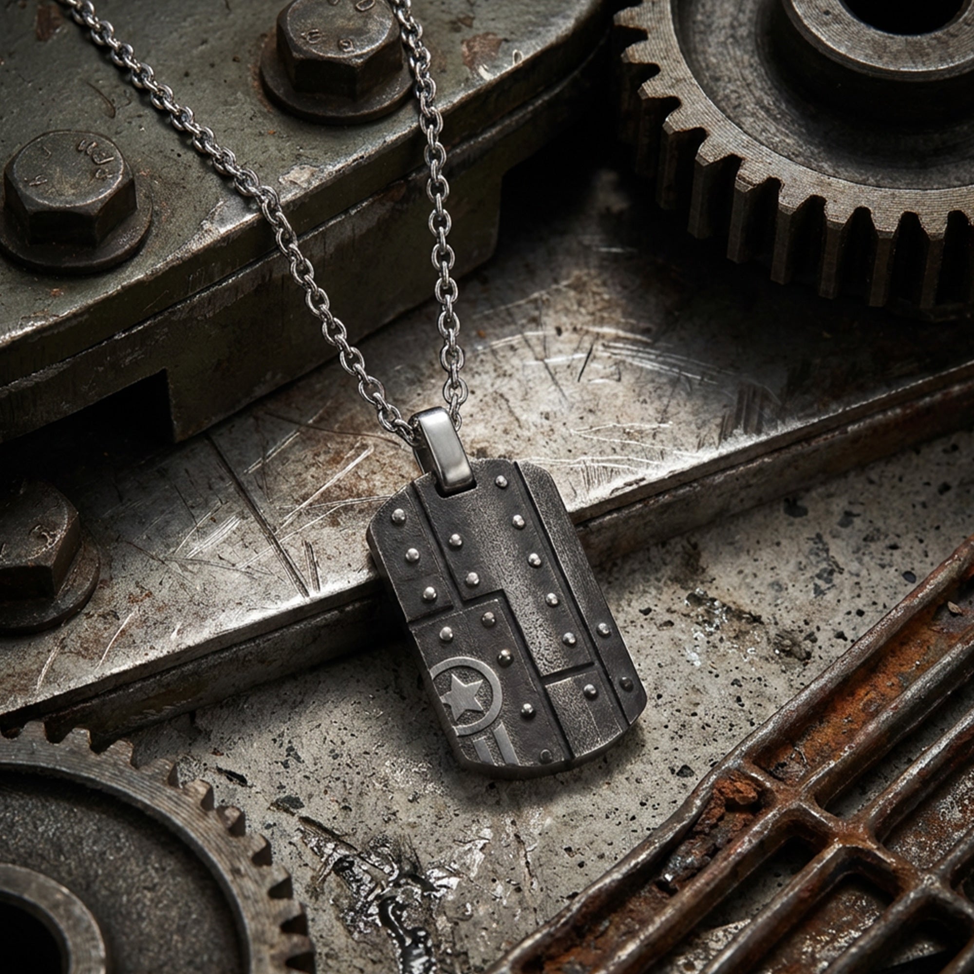 Military star dog tag men's necklace on an industrial metal background.