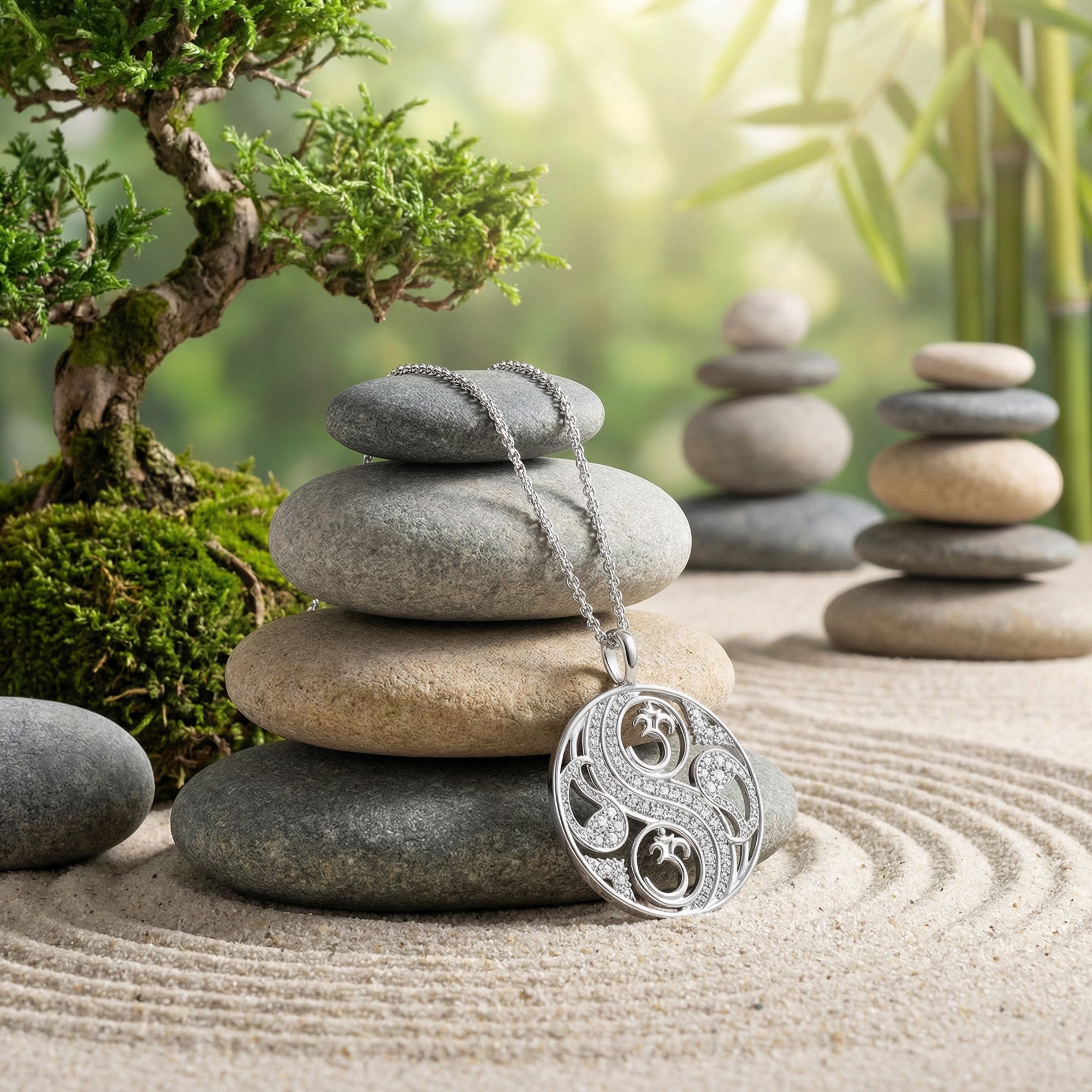 Sterling silver yin yang om balance necklace resting against stacked rocks and stand with a bonsai tree.
