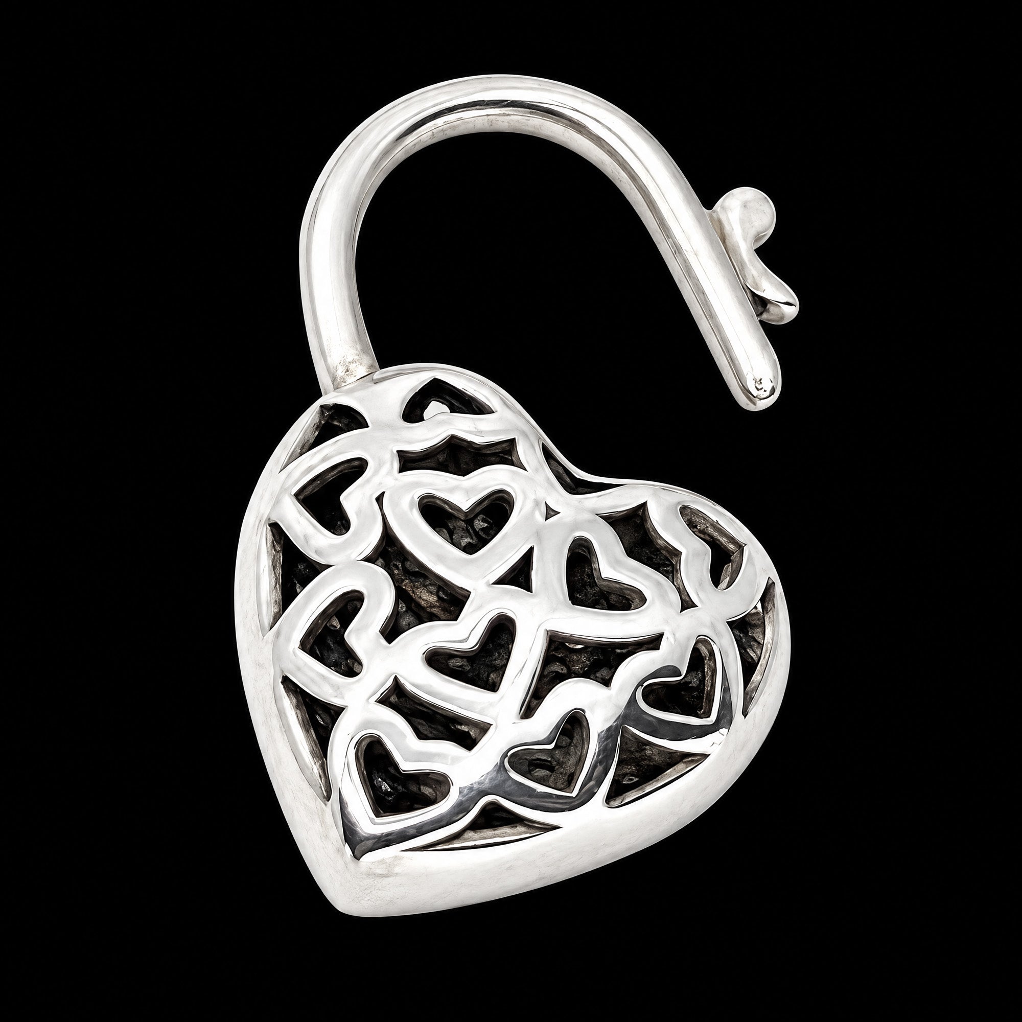Back view of a pave heart padlock sterling silver belcher chain necklace showing the heart locket clasp in the open position.