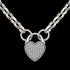Close-up of a pave heart padlock sterling silver belcher chain necklace.
